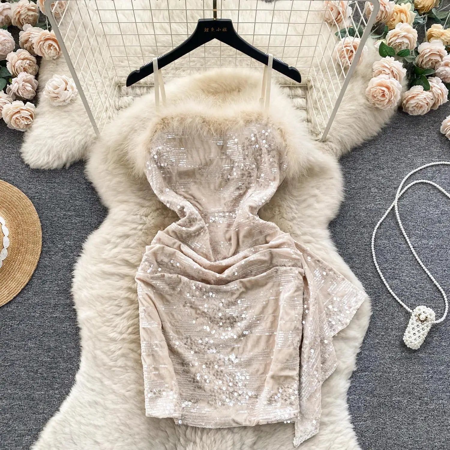 Sexy Beige Sequins Furry Slip Dress for Women - Off Shoulder Backless Mini Dress for Club, Party & Birthday - Fashion Slim Fit Autumn Dress (Also Available in Black & Pink) - Perfect for Night Out, Date Night and Special Occasions