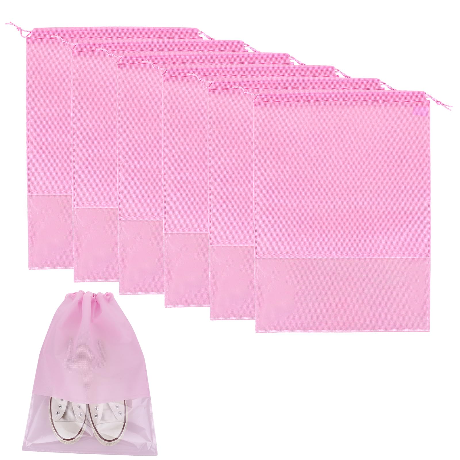 6Pcs Travel Shoe Bags - 17x12 Inch Waterproof Dustproof Drawstring Storage Pouches with Clear Window | Non-Woven Shoe Organizer for Women | Perfect for Gym, Dance, Travel & Sports Gear Storage