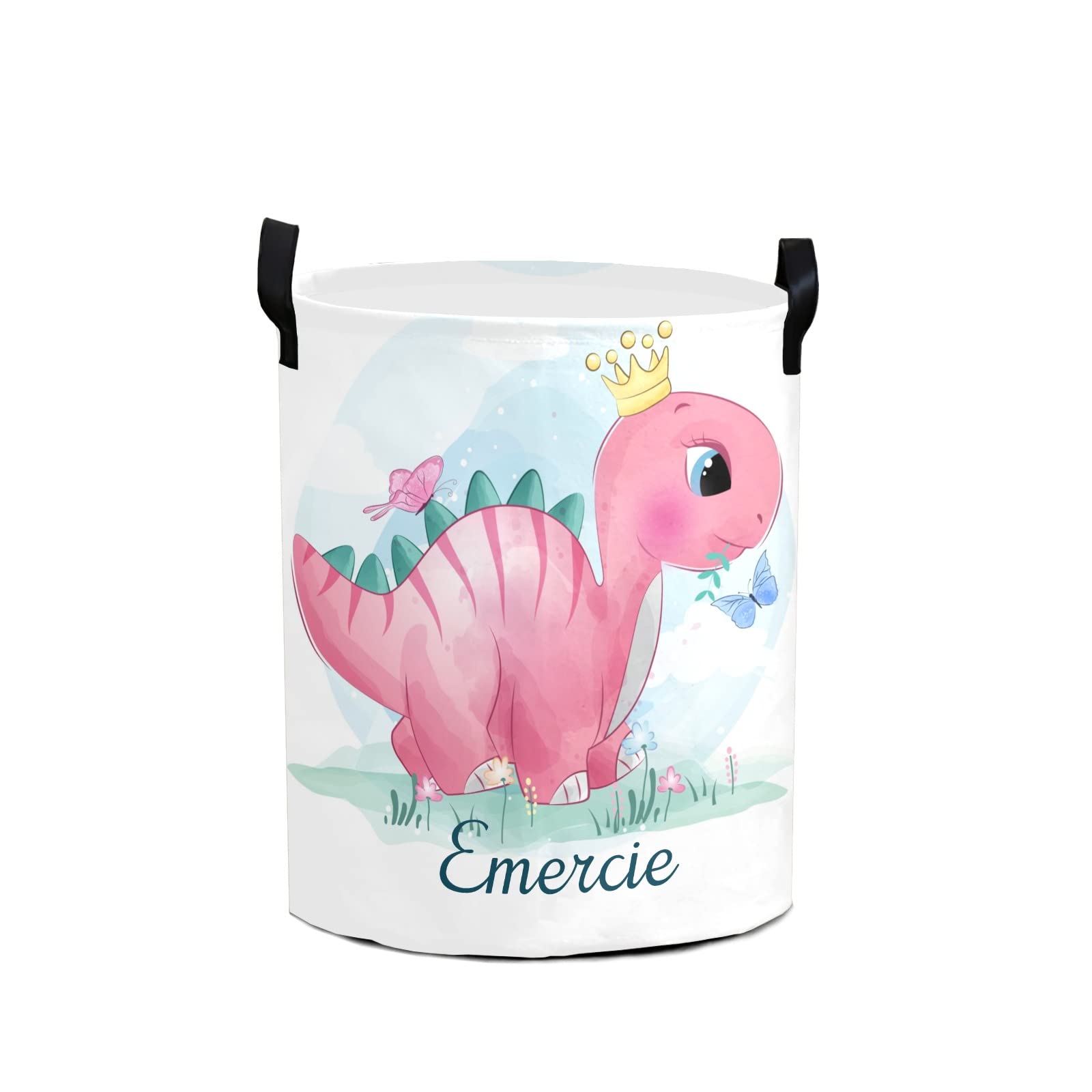 Personalized Pink Dinosaur Laundry Basket with Butterfly Design - Custom Name Collapsible Storage Bin & Toy Organizer - 14.17