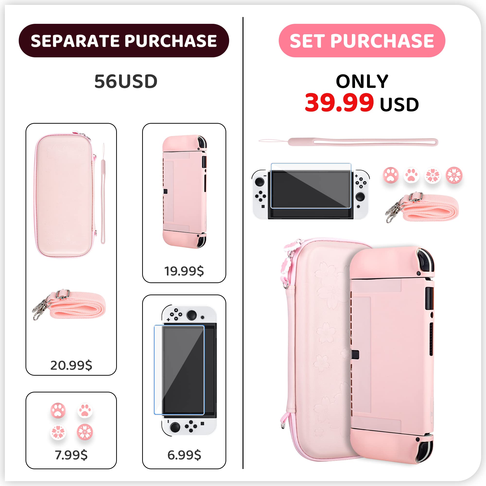Premium Pink Nintendo Switch OLED Carrying Case with Sakura Embroidery - Portable Hard Shell Protection Includes Soft Case, Screen Protector, 4 Thumb Grips, Wrist Strap & Shoulder Strap - Perfect for Travel, Commuting & Gaming On-The-Go