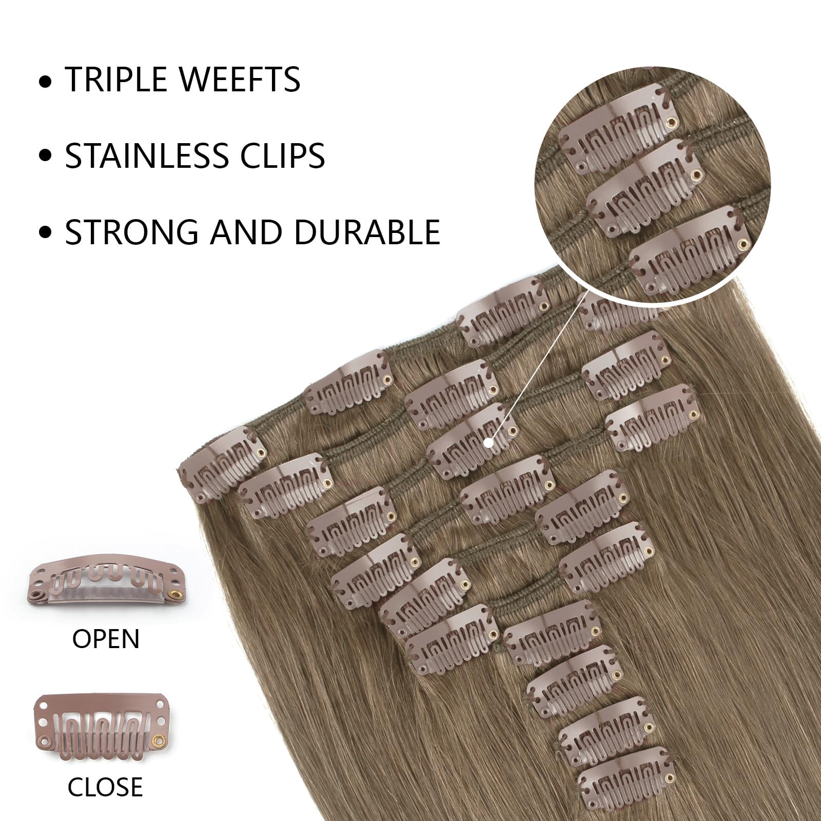 SixStarHair Ash Brown Clip-In Hair Extensions - 20 Inch Remy Human Hair Wefts (180g, 10 Pieces) with 21 Clips - Cool Tone Color 8 - Perfect for Parties, Weddings & Daily Styling