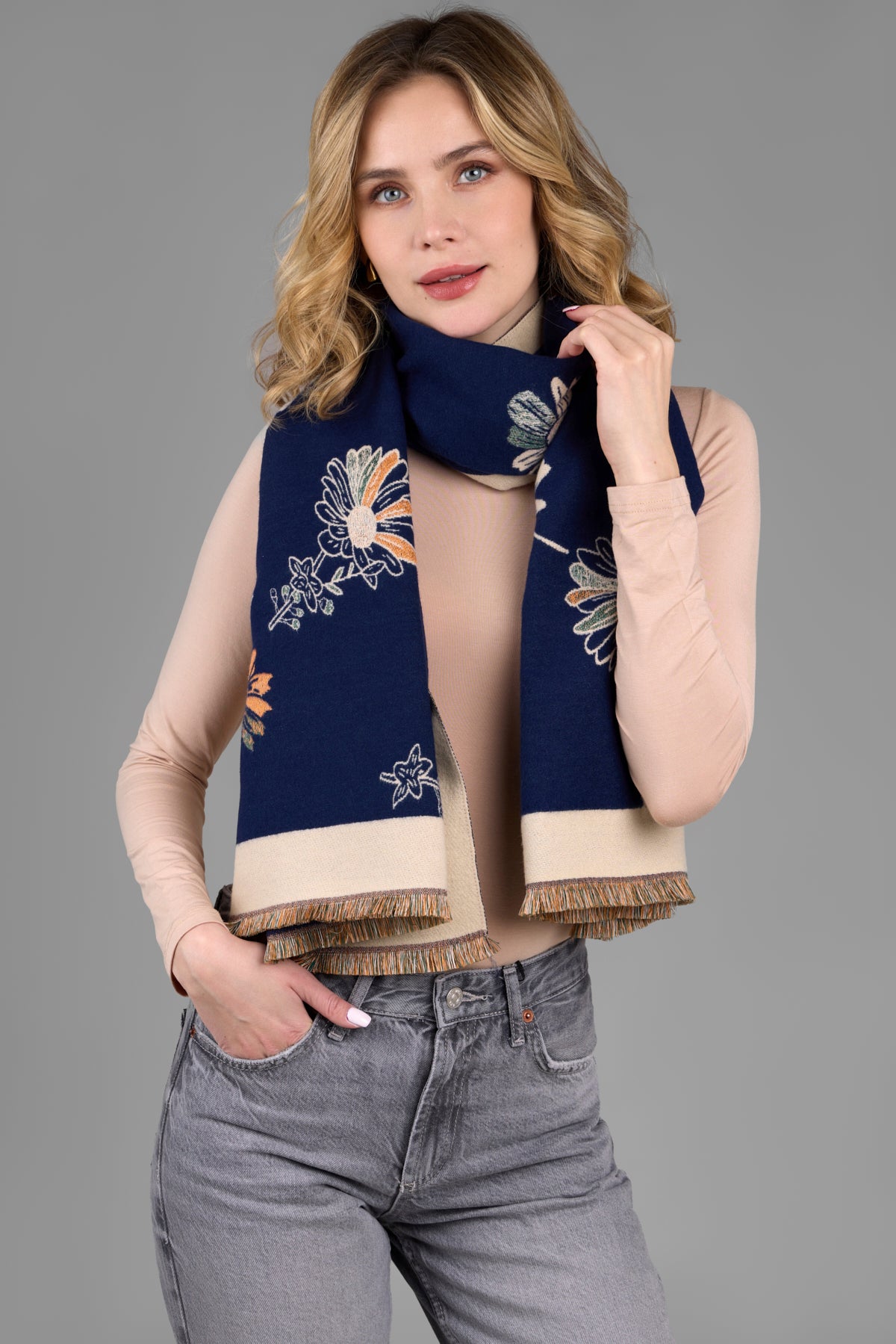 Floral Daisy Reversible Scarf - Lightweight Womens Fashion Accessory for Spring & Summer Outfits - Perfect for Office, Travel and Casual Wear