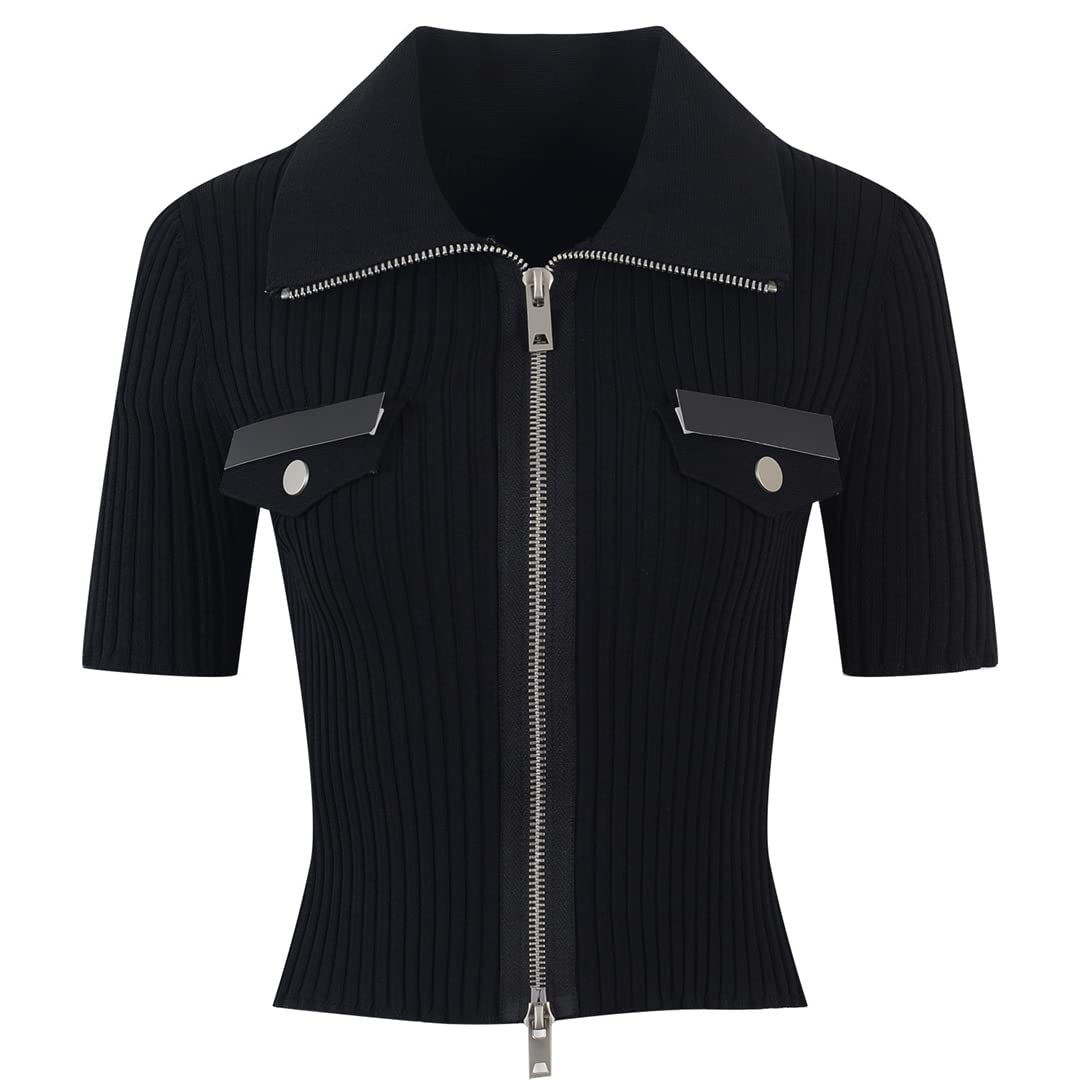 Women's White & Black Knitted Cardigan with Zipper - Short Sleeve Casual Top for Spring/Summer | Perfect for Office Wear, Date Night & Weekend Outfits
