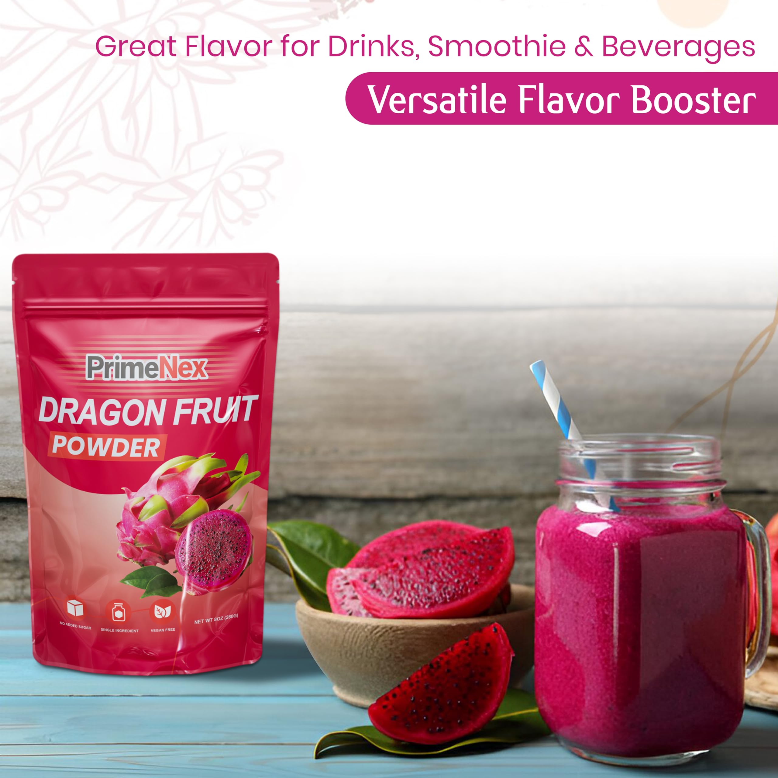 Freeze-Dried Dragon Fruit Pink Pitaya Powder | 100% Natural, Non-GMO, Vegan Superfood | 8oz Resealable Bag | No Sugar or Additives | Perfect for Smoothies, Drinks, Baking & Healthy Snacks | Antioxidant-Rich Superfood Powder