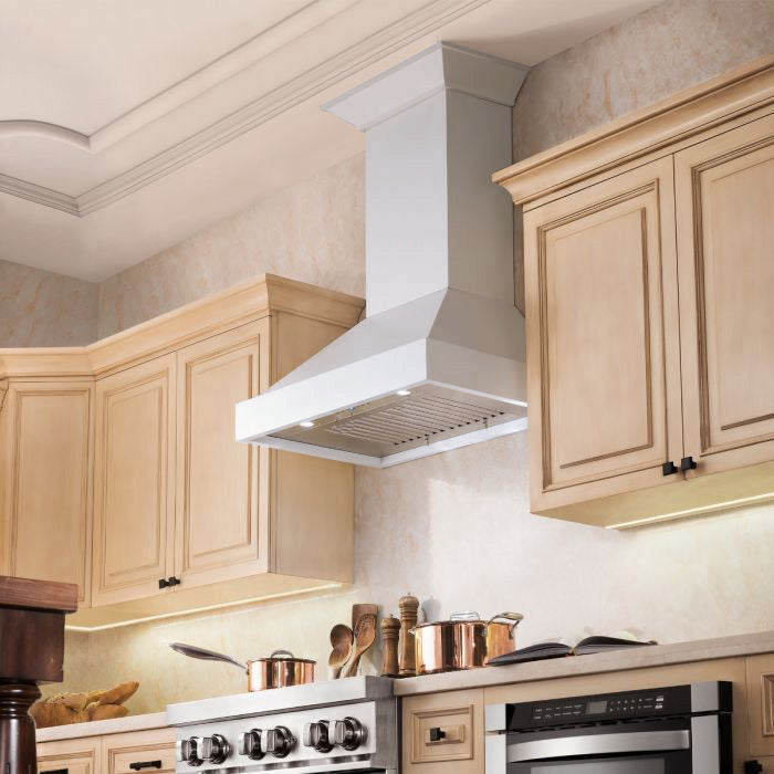 ZLINE 36 Inch Wooden Wall Mount Range Hood - Smooth Bright White Finish (KBWW 36) | Modern Kitchen Ventilation for Home Cooking & Baking