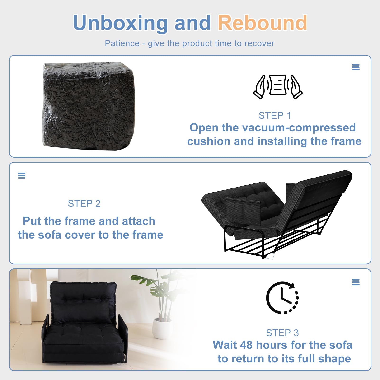 MAXYOYO Adjustable Floor Sofa Bed - Multi Functional Folding Couch Bed with Pillows for Living Room, Guest Room & Small Spaces - Single Size Black Futon for Lounge, Nap & Sleep