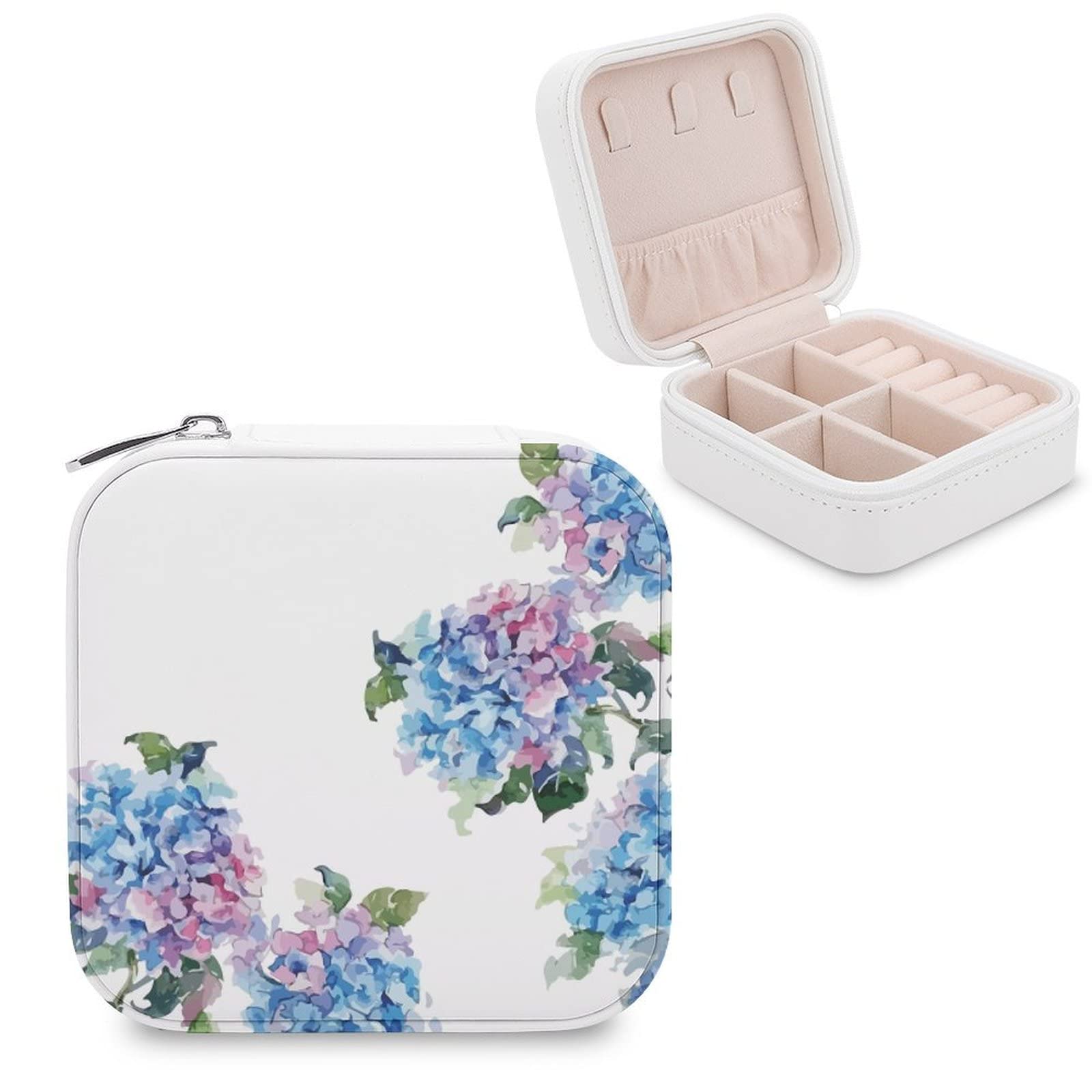Small Travel Jewelry Organizer Box - Portable Storage Case for Rings, Earrings & Necklaces - Perfect Gift for Women, Girlfriends & Besties - Blue Hydrangeas Floral Design (4 Inch) - Ideal for Travel, Home Organization & Gift Giving