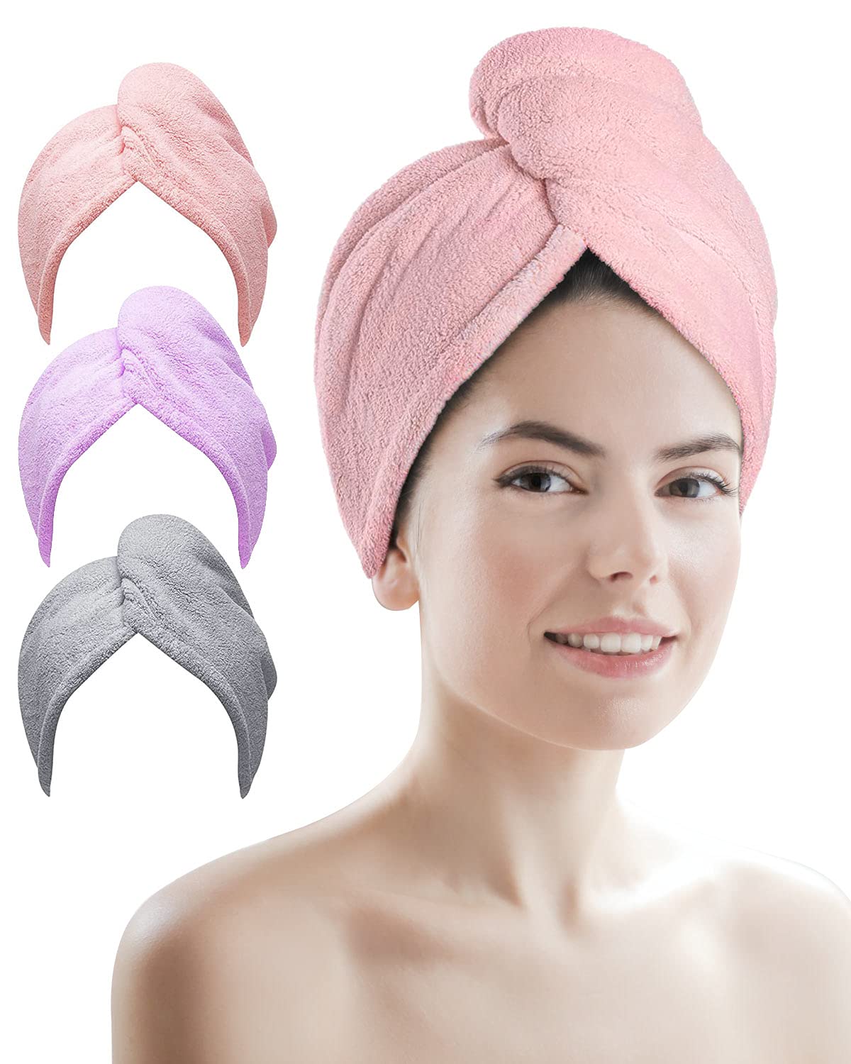 Super Absorbent Microfiber Hair Towel Wrap 3 Pack - Ultra Soft Quick Dry Hair Towel with Button for Women & Men | Perfect for Travel, Beach, Gym, Swimming & Spa | Grey, Pink, Purple Color Options