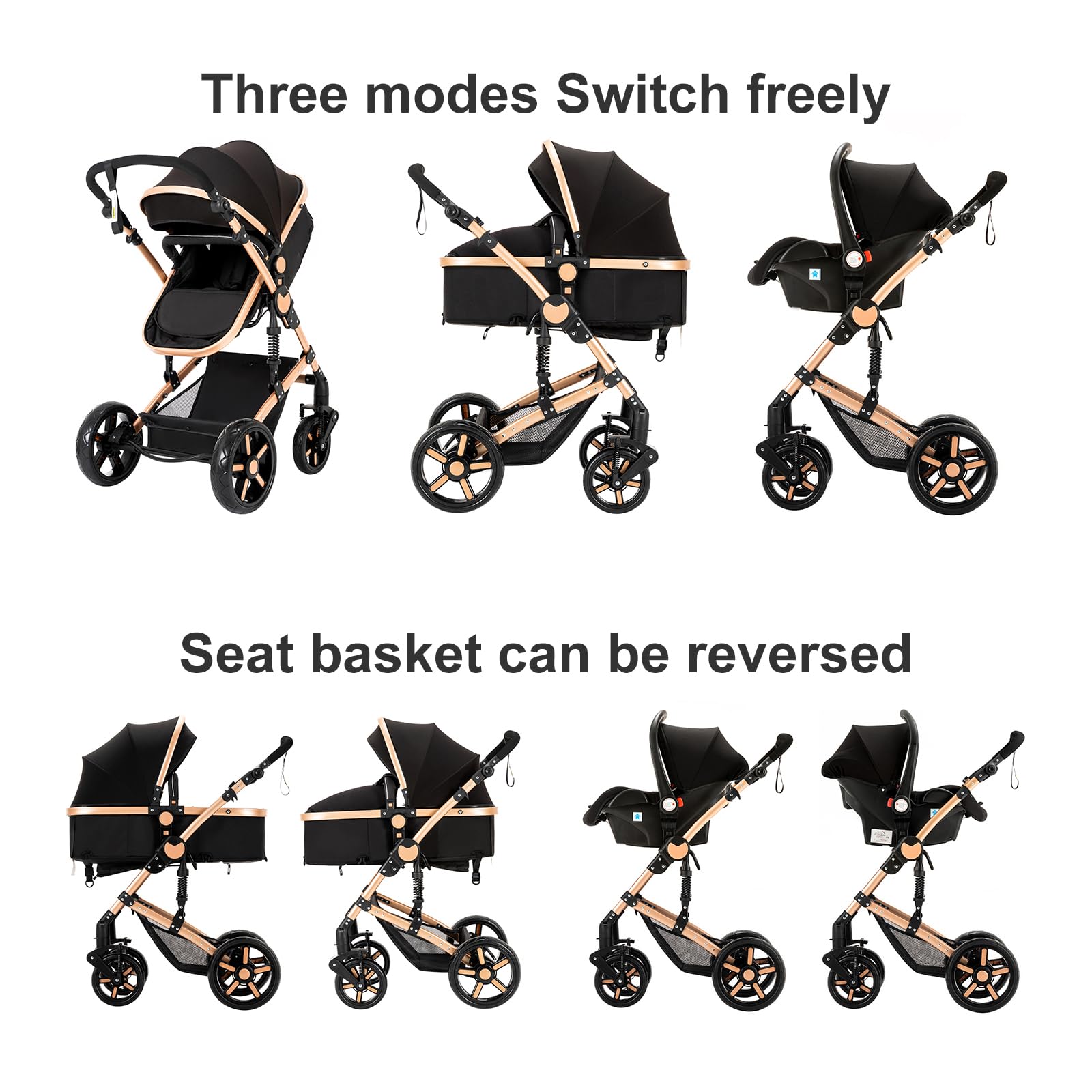 3 in 1 Baby Travel System - Reversible Luxury Stroller & Foldable Pram for Newborn to Toddler | UD588-BLACKGOLD with Base | Perfect for Shopping, Travel & Daily Walks