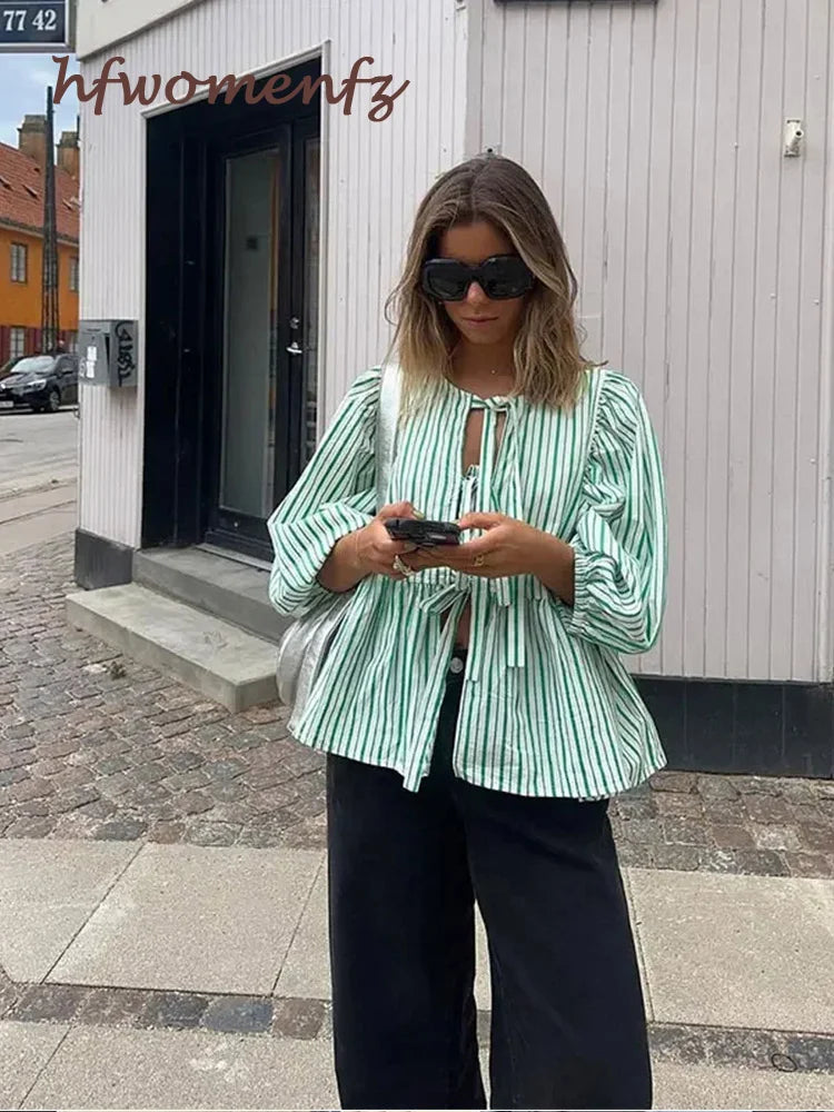 Elegant Striped Lace-Up Women's Blouse with Chic Bow & Puff Sleeves - O-Neck Hollow Out Design for Spring Summer Casual Wear | Perfect for Street Style, Office Outfits & Date Night Looks