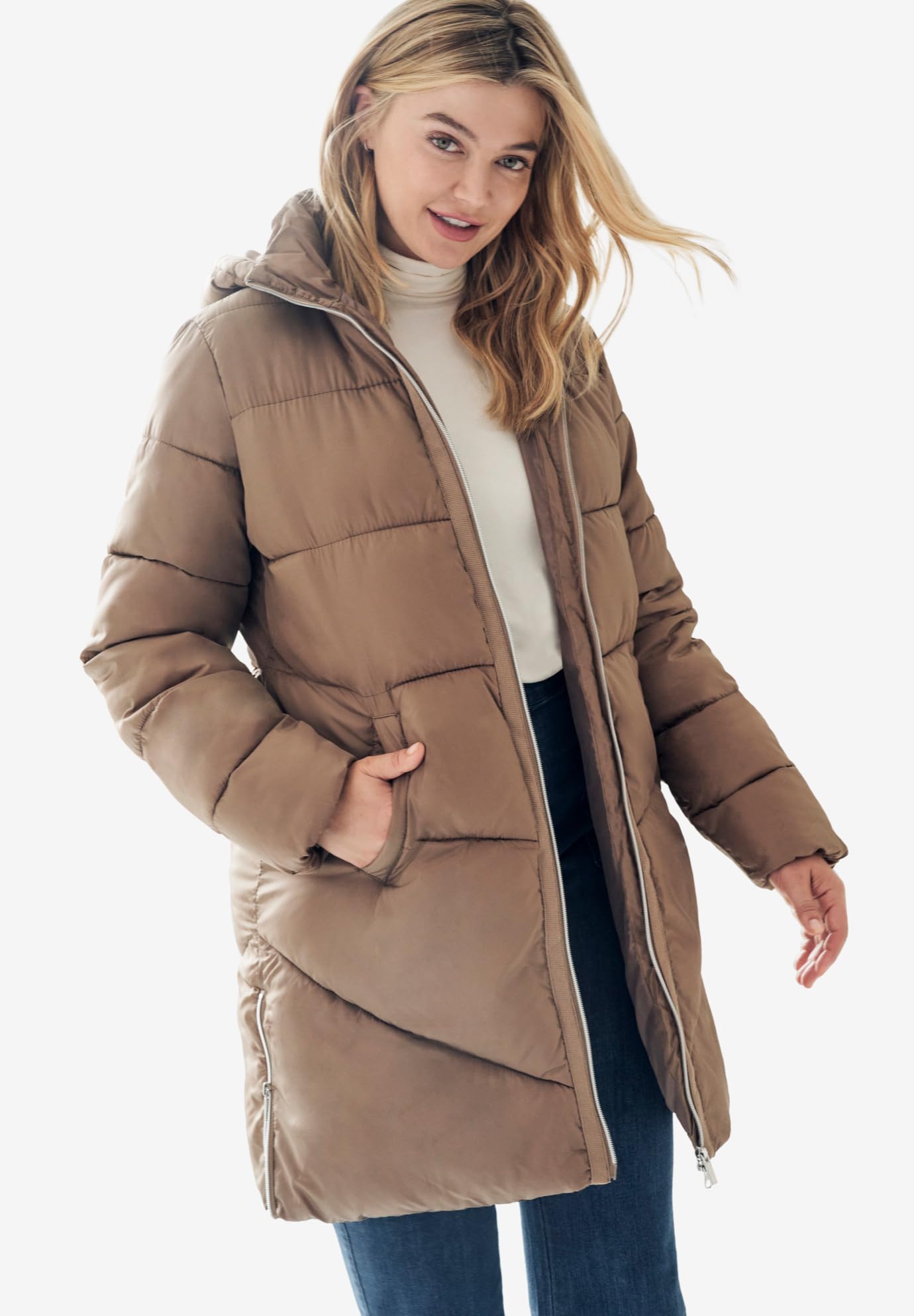 Ellos Women's Plus Size Long Puffer Coat - Winter Warm Down Jacket for Cold Weather, Waterproof & Windproof, Fashionable Outerwear for Snow, Travel & Outdoor Activities