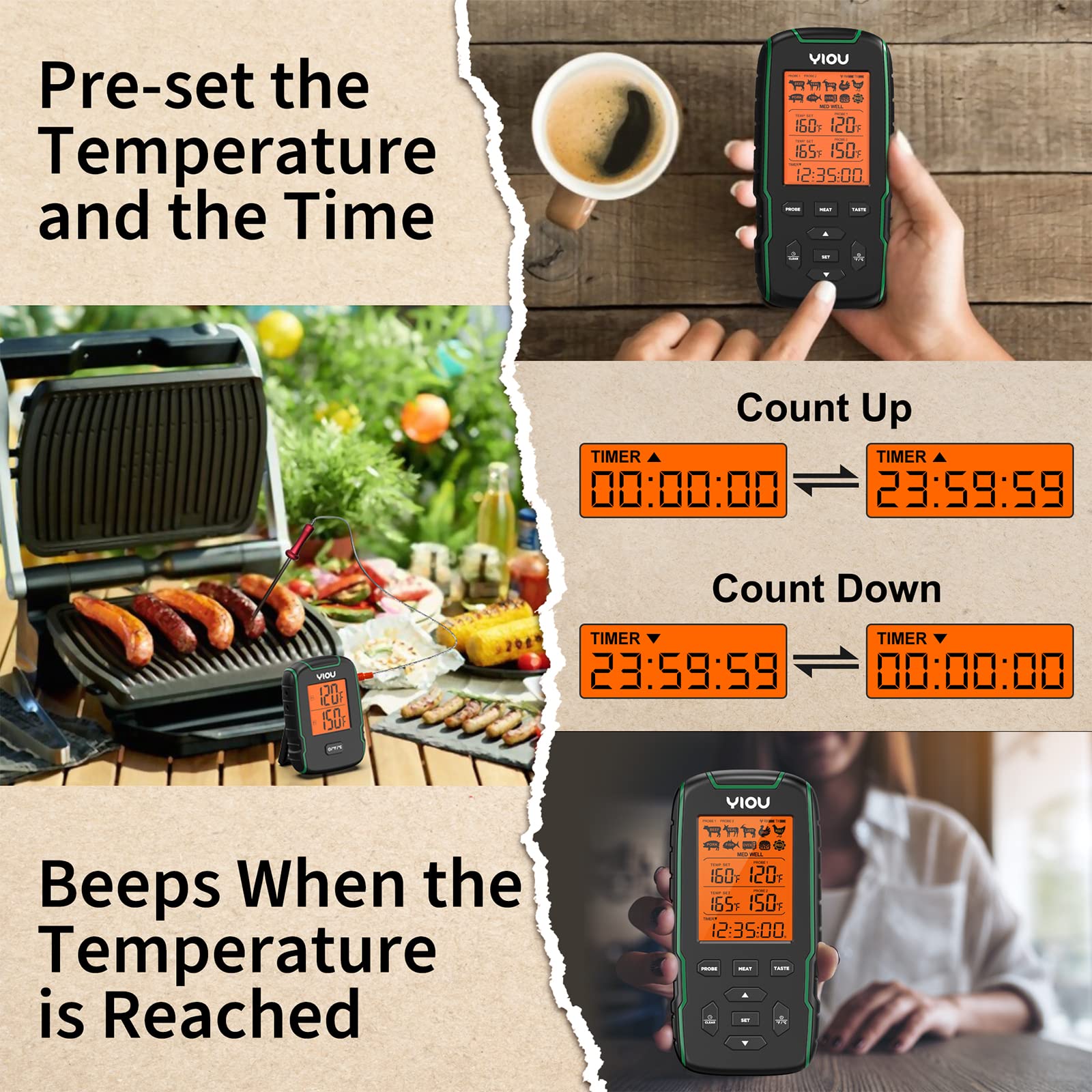 YIOU Wireless Digital Meat Thermometer with 2 Probes - 500FT Long Range, Ultra Accurate & Fast Cooking Thermometer for Oven, Grill, Smoker - Perfect for BBQ, Roasting, Baking & Sous Vide Cooking