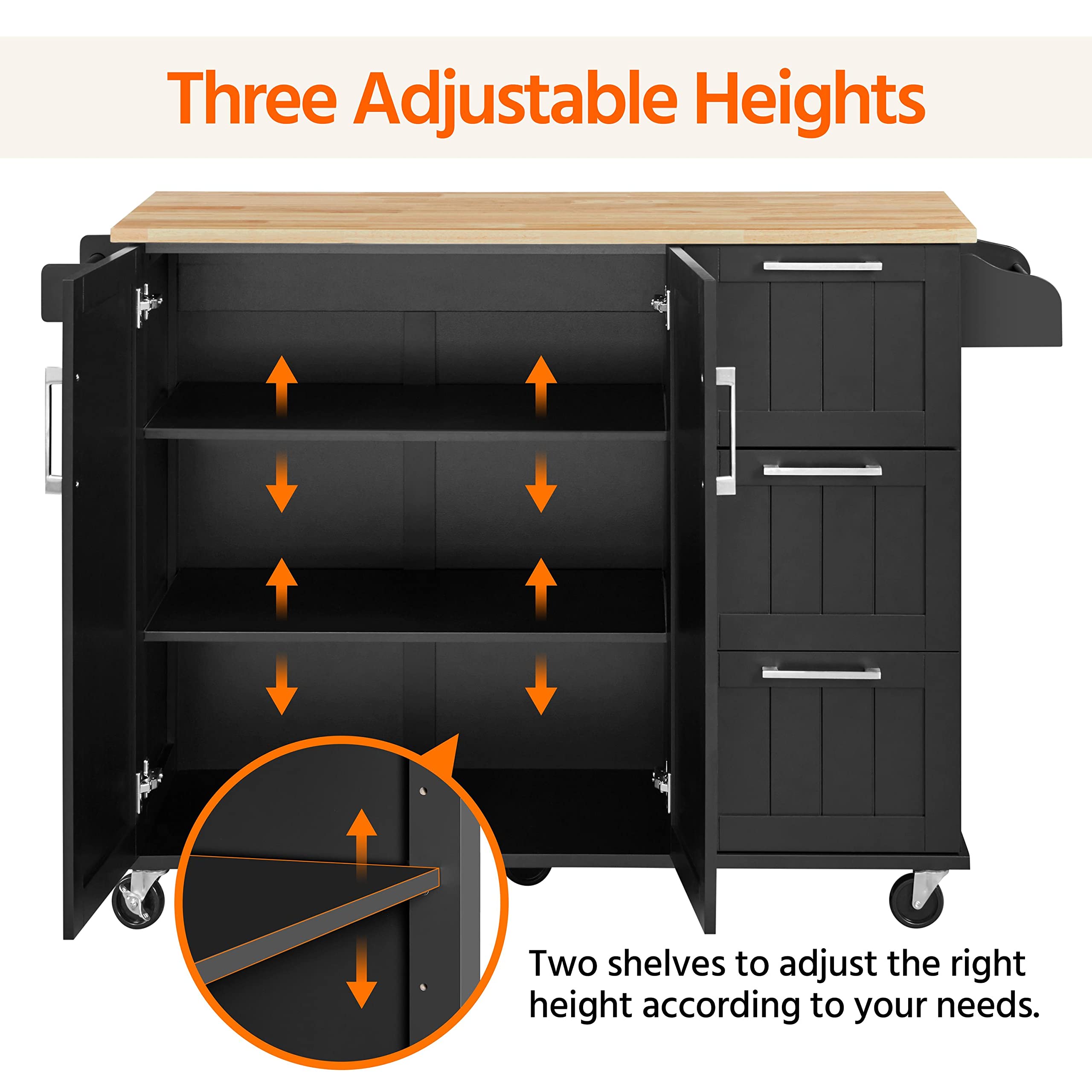 Topeakmart Black Mobile Kitchen Island with Foldable Countertop - Kitchen Cart with Storage Cabinet, 3 Drawers & Spice Rack - Perfect for Small Kitchens, Dining Rooms & Food Prep Areas