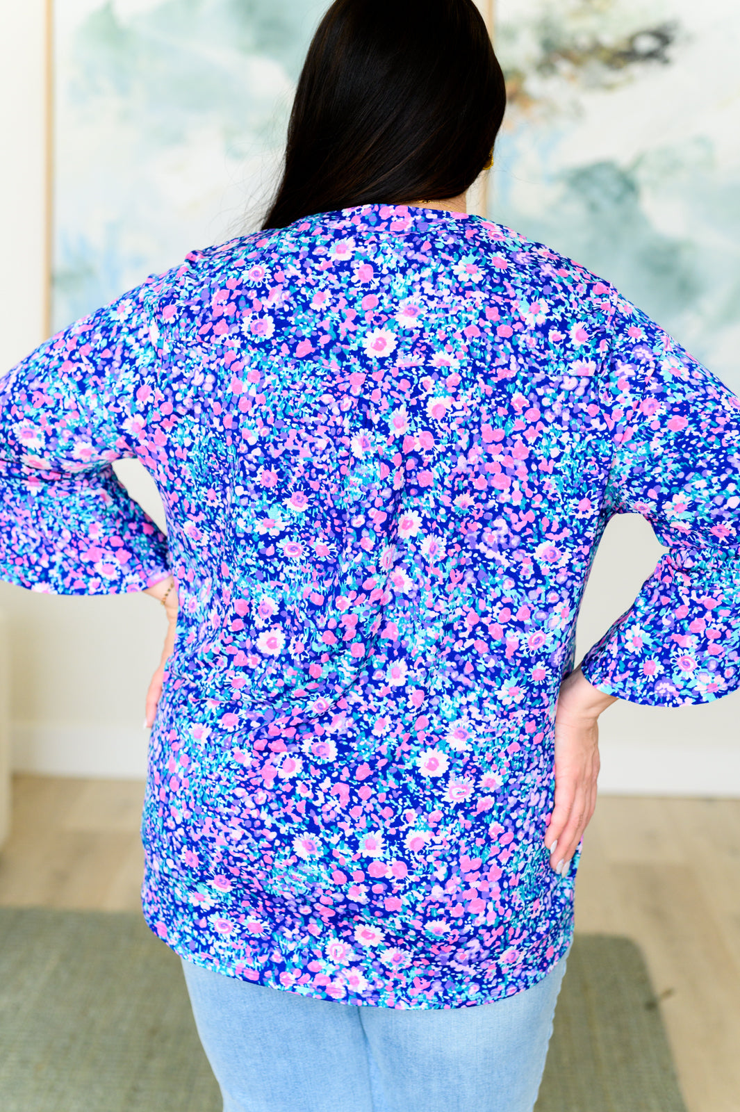 Lizzy Bell Sleeve Top Women's Navy & Pink Floral Print Blouse - Perfect for Casual Outings, Office Wear & Spring Fashion
