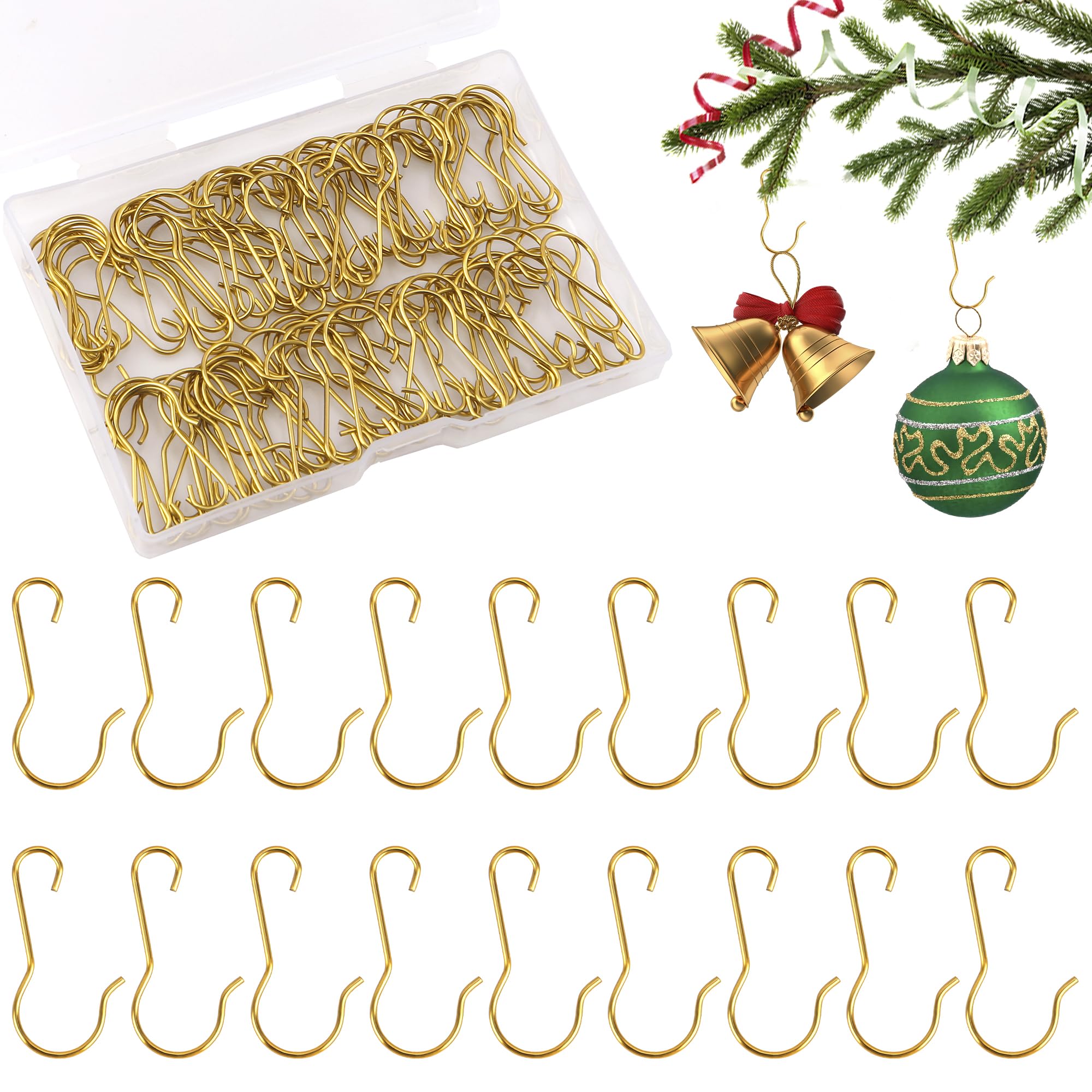 100 Pack Gold Ornament Hooks - Durable Christmas Tree Hangers for Holiday Decorations (Perfect for Hanging Ornaments, Lights & Garland on Xmas Trees)