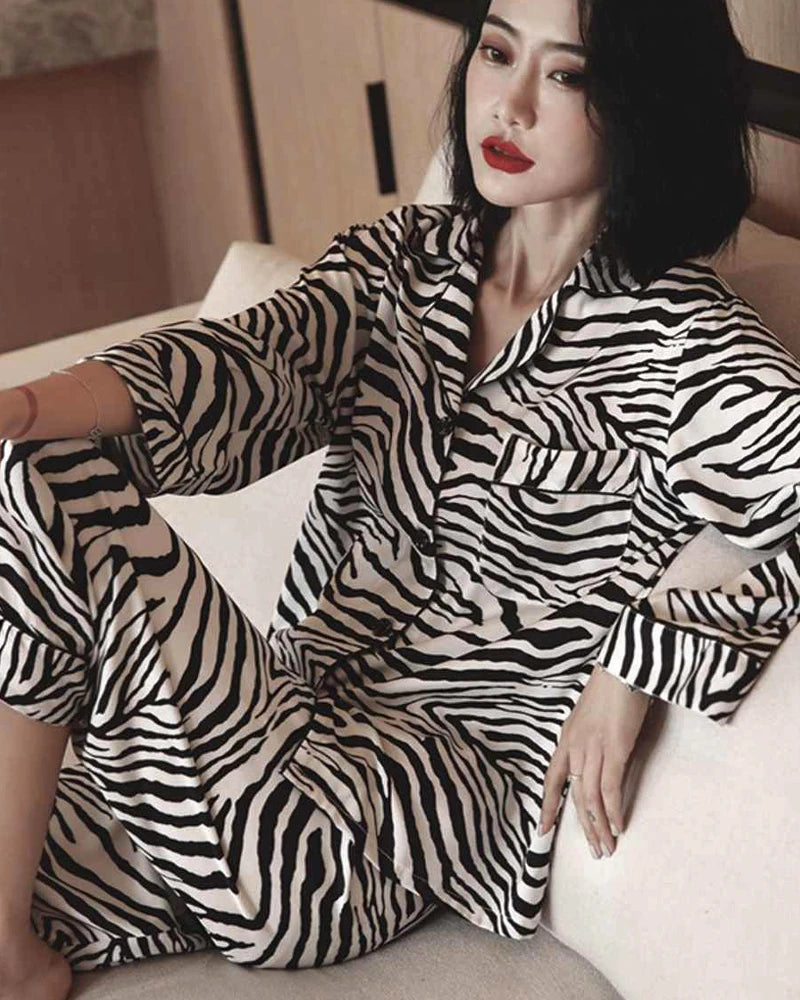 Zebra Print Silk Pajama Set for Women - Soft Luxurious Sleepwear - Perfect for Lounge, Sleep & Spa Days