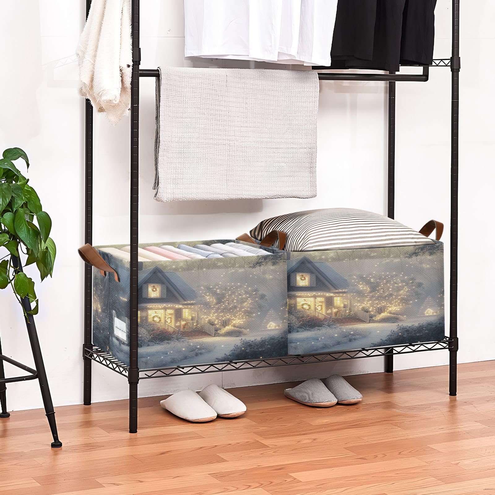 Emelivor Foldable Storage Bins with Handles - Christmas Winter Home Organization Baskets for Shelves, Nursery & Closet - Space Saving Rectangular Storage Cubes for Holiday Decor, Toys & Clothes