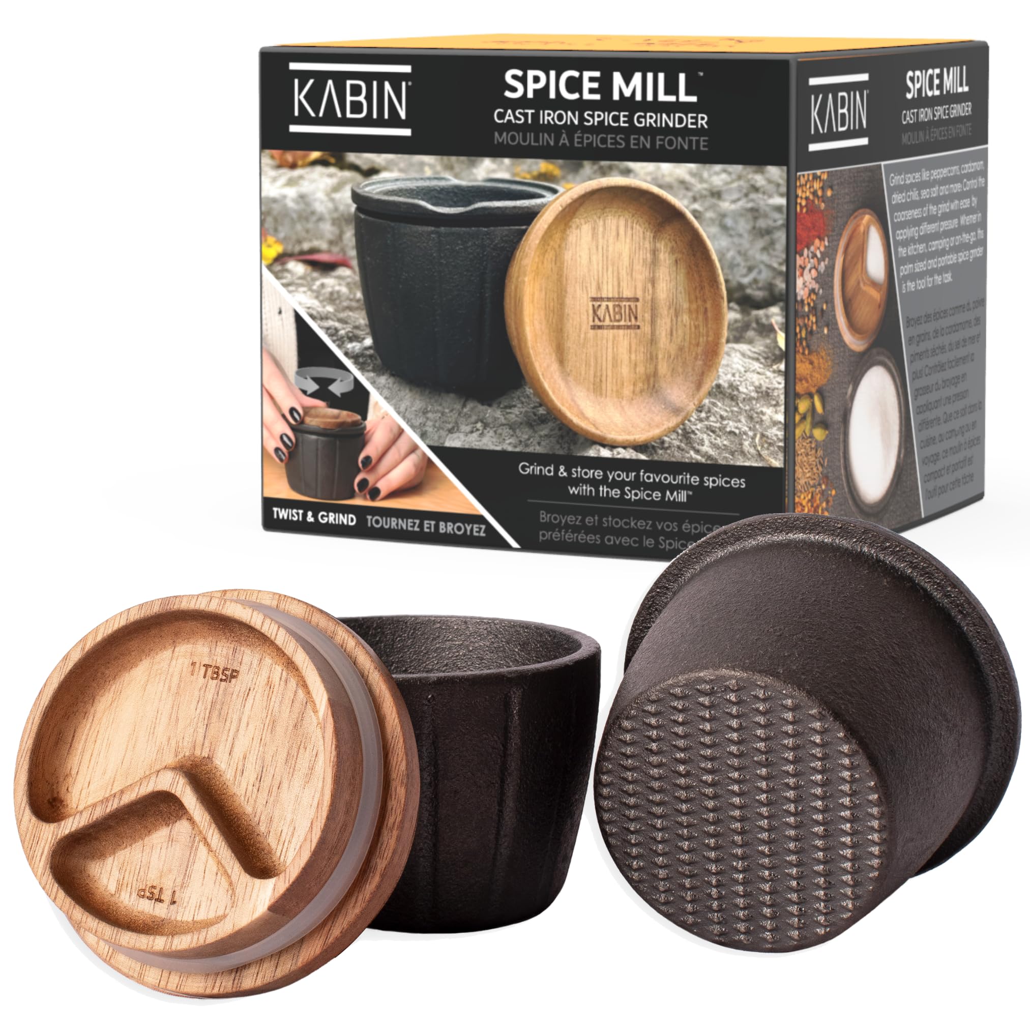Premium KABIN Spice Mill & Cast Iron Mortar Pestle Set - Manual Pepper Grinder, Herb Crusher for Fresh Spices - Durable Molcajete Bowl for Grinding, Measuring & Storing - Perfect for Kitchen, Cooking & Seasoning Dishes
