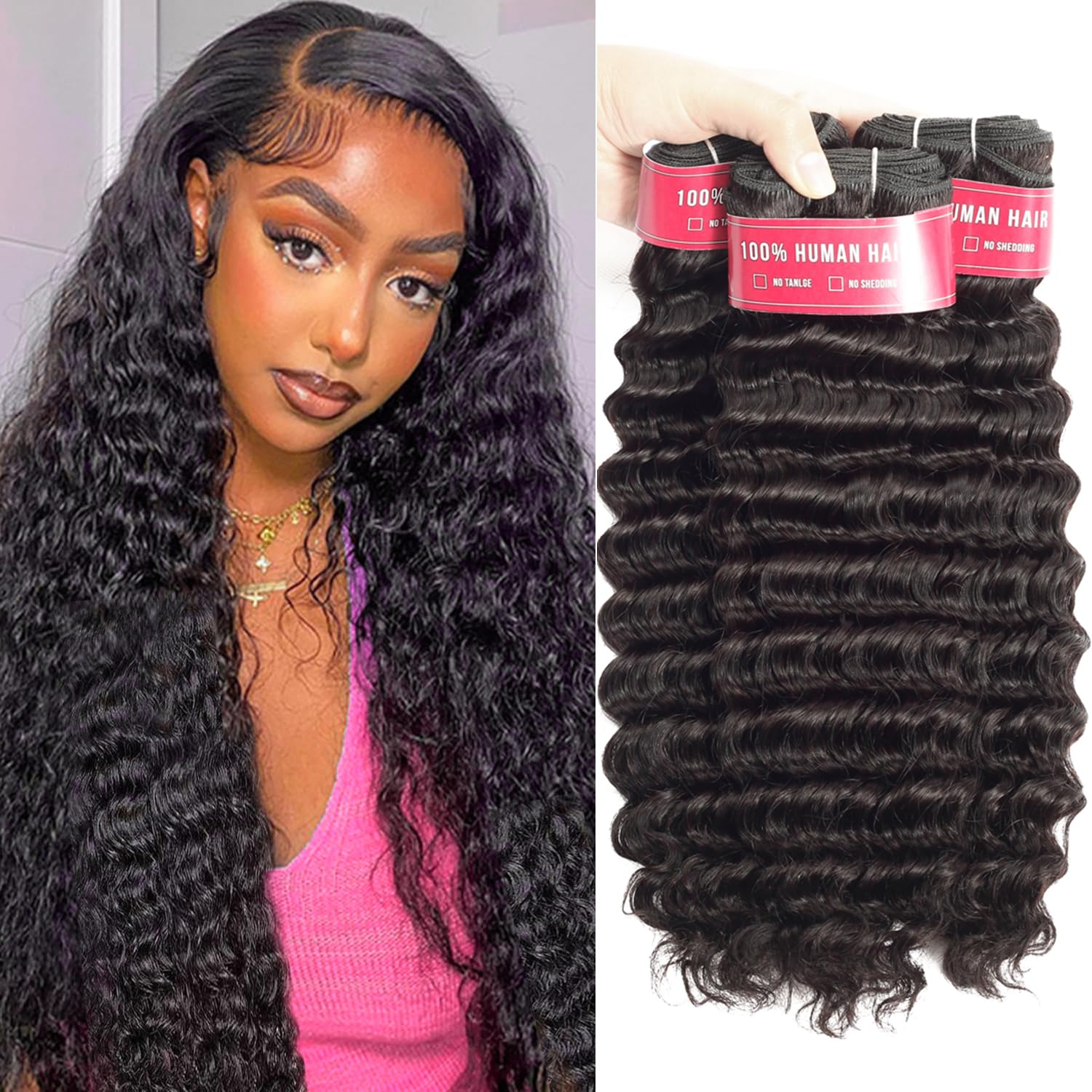 20 22 24 Inch Raw Loose Deep Wave Human Hair Bundles - 12A Grade Wet and Wavy Hair Extensions in Natural Color for Stunning Hairstyles | Perfect for Daily Wear, Special Occasions & Salon Styling