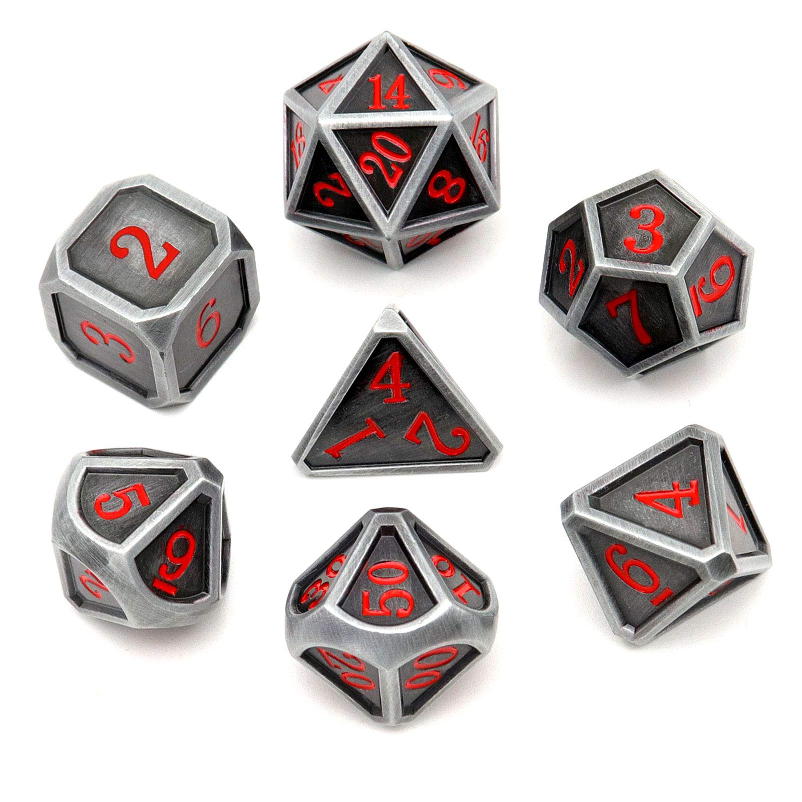 Haxtec 7-Piece Ancient Silver Metal DND Dice Set - Large Rounded Antique Iron RPG Dice with Red Numbers for Dungeons & Dragons, Pathfinder, TTRPG Games - Perfect for Tabletop Roleplaying, Game Nights & Fantasy Gifts (Standard Size)