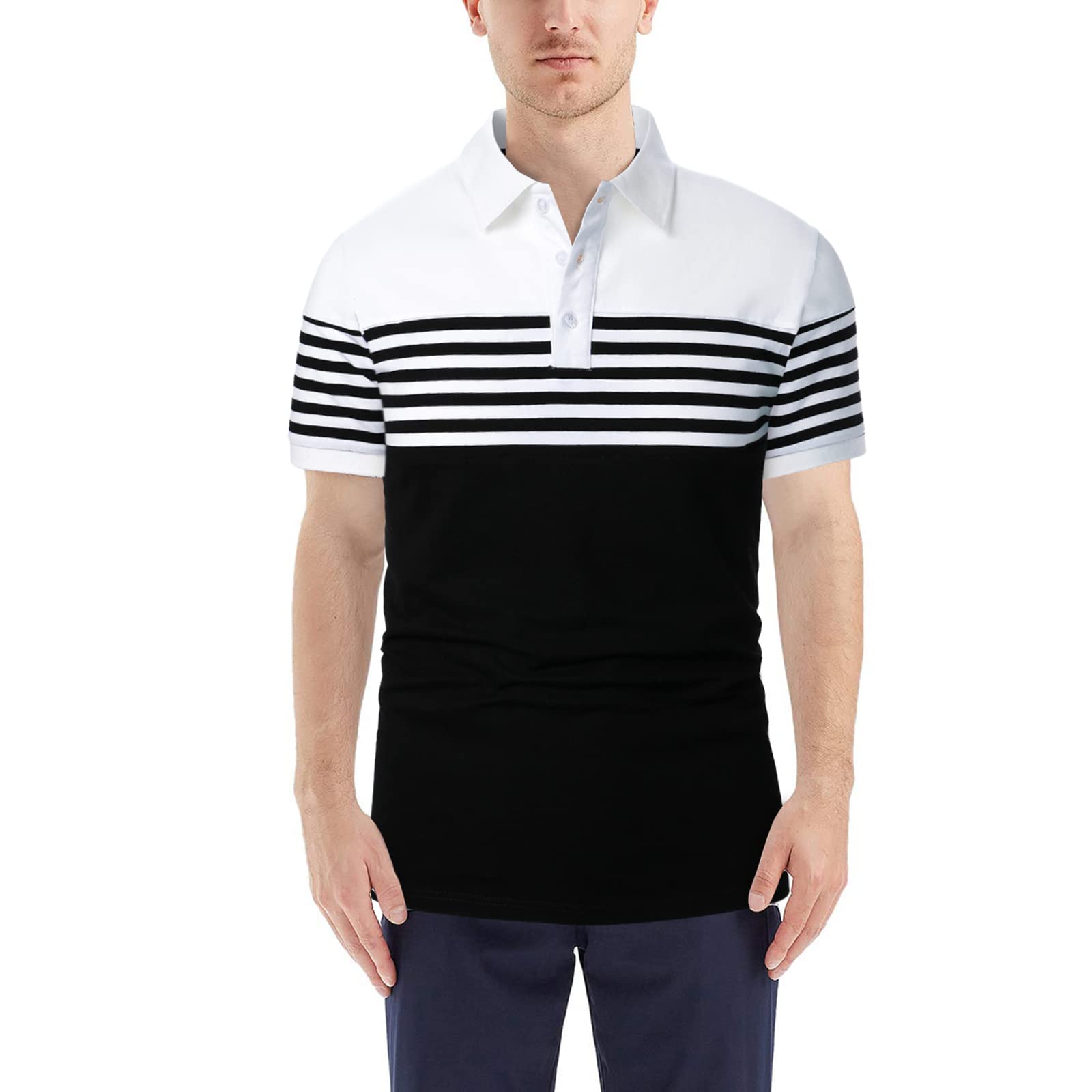 Men's Slim Fit Striped Polo Shirts - Long & Short Sleeve Casual Golf Shirts, Breathable Cotton Summer T-Shirts for Work, Golf & Outdoor Activities