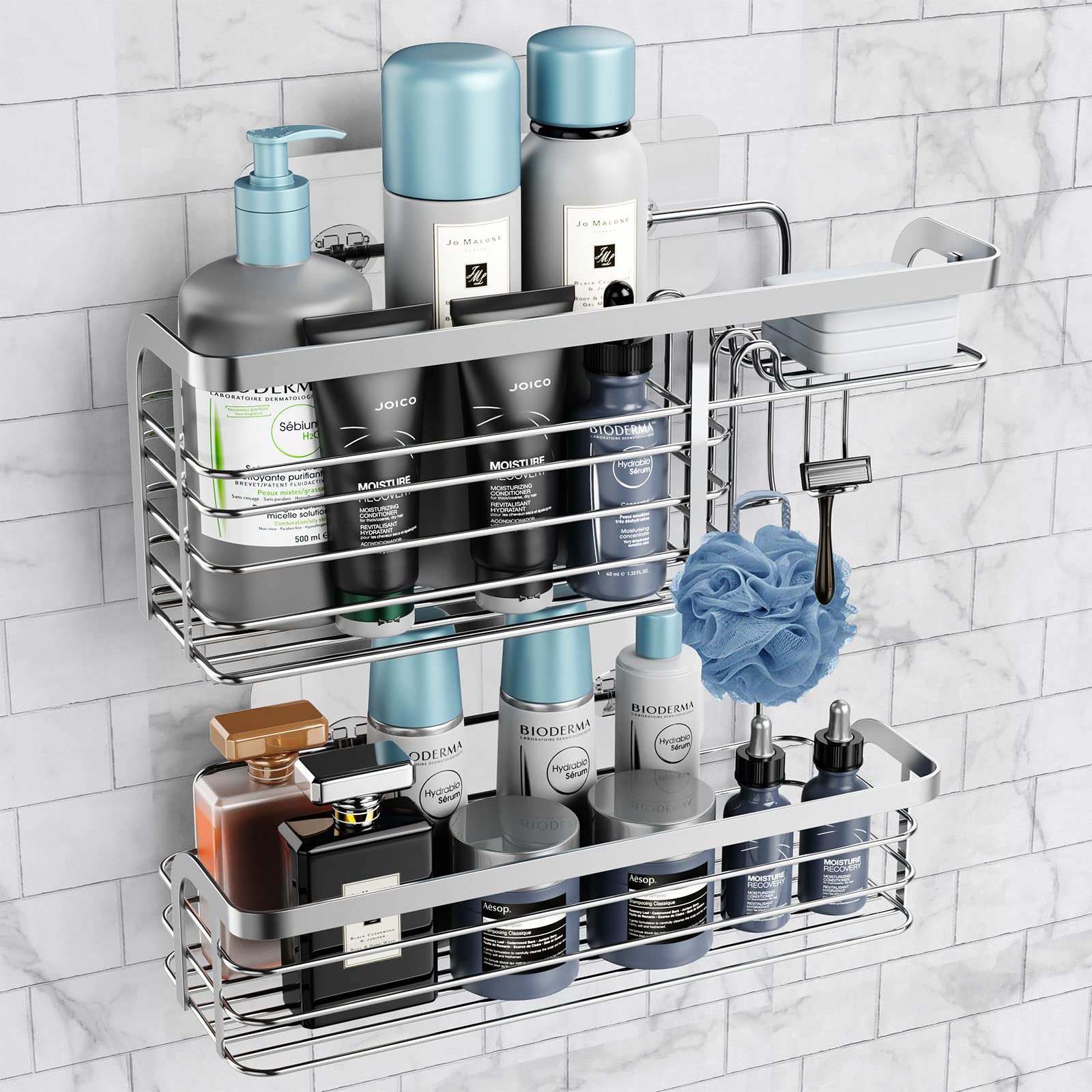 Stainless Steel Shower Caddy 2-Pack - No Drill Adhesive Bathroom Organizer Shelf for Shampoo, Conditioner & Toiletries - Silver Shower Storage Rack - Perfect for Small Bathrooms & Apartment Showers