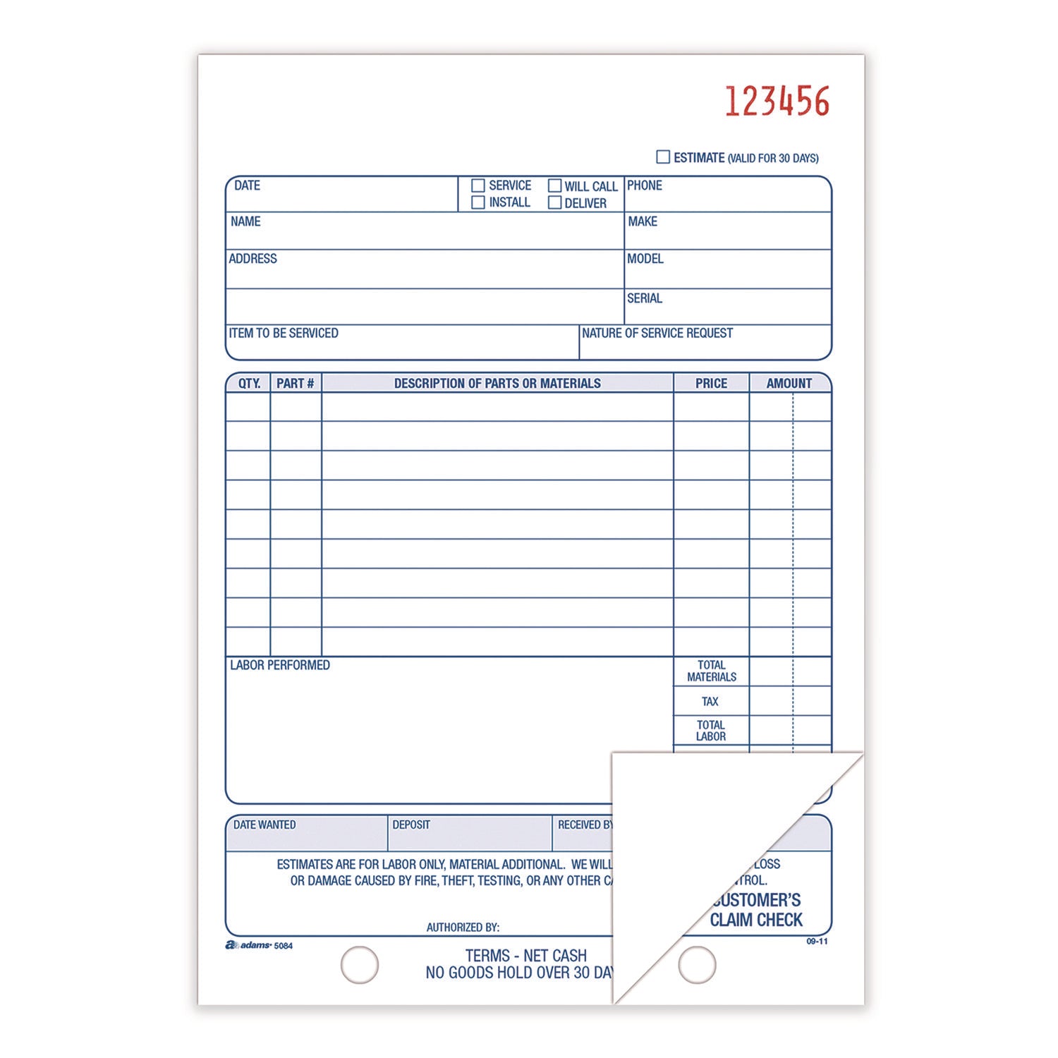 Adams® Multipart Repair Order Pad - 2-Part Carbonless, 5.56