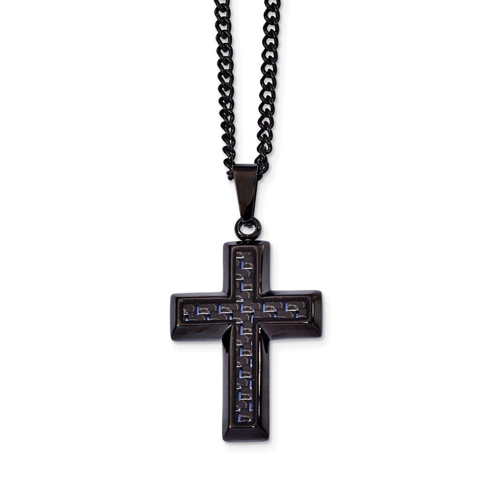 Stainless Steel Polished Black IP Cross Necklace with Blue Carbon Fiber Inlay - Elegant Religious Jewelry for Men & Women, Perfect for Gifts, Church, Weddings and Everyday Wear