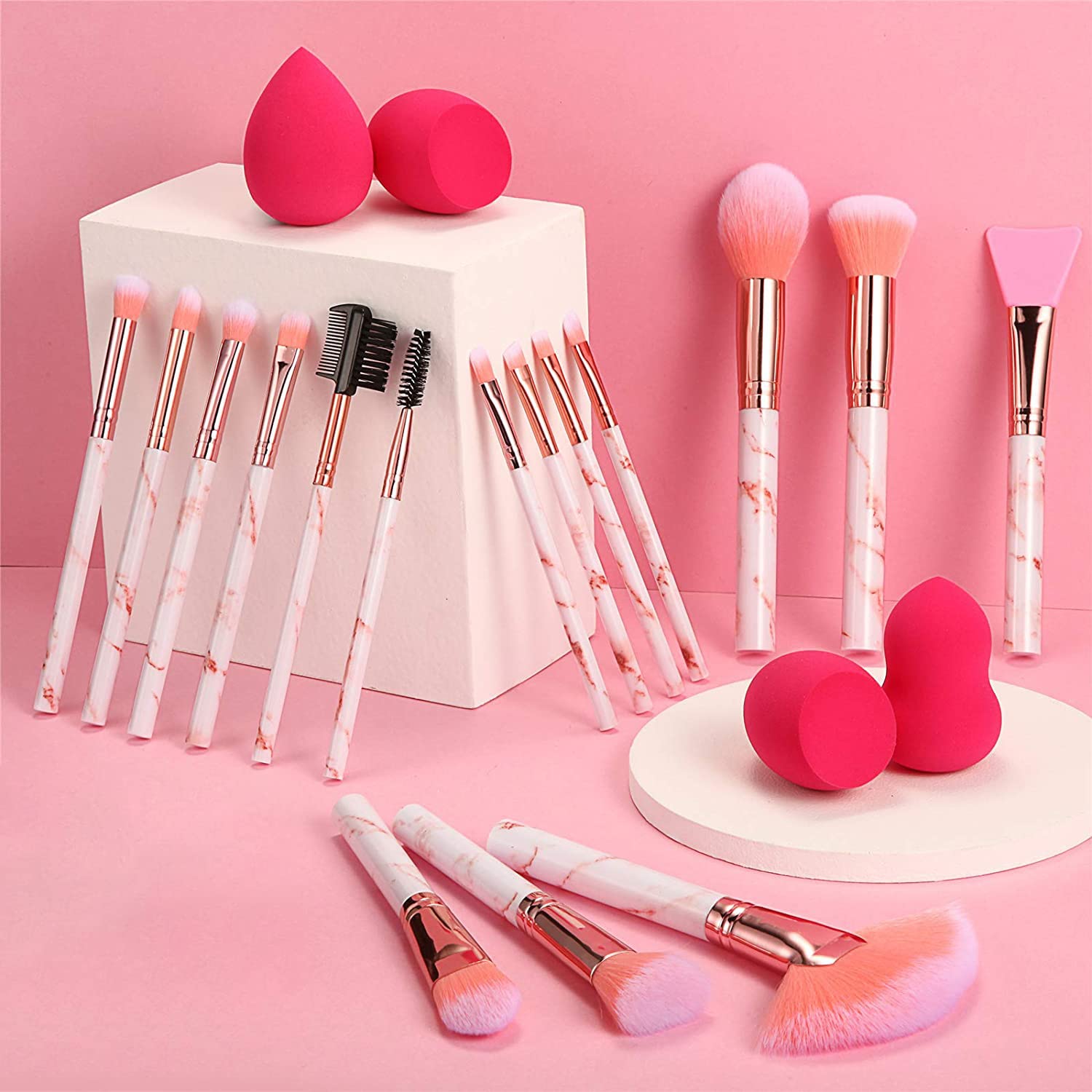 DUAIU 16PCS Professional Makeup Brush Set with Marble Handle - Includes 4 Sponge Blenders, Foundation Brushes, Eyeshadow Brush, Lip Brush & Silicone Mask Brush | Perfect for Makeup Artists, Beginners & Daily Beauty Routine