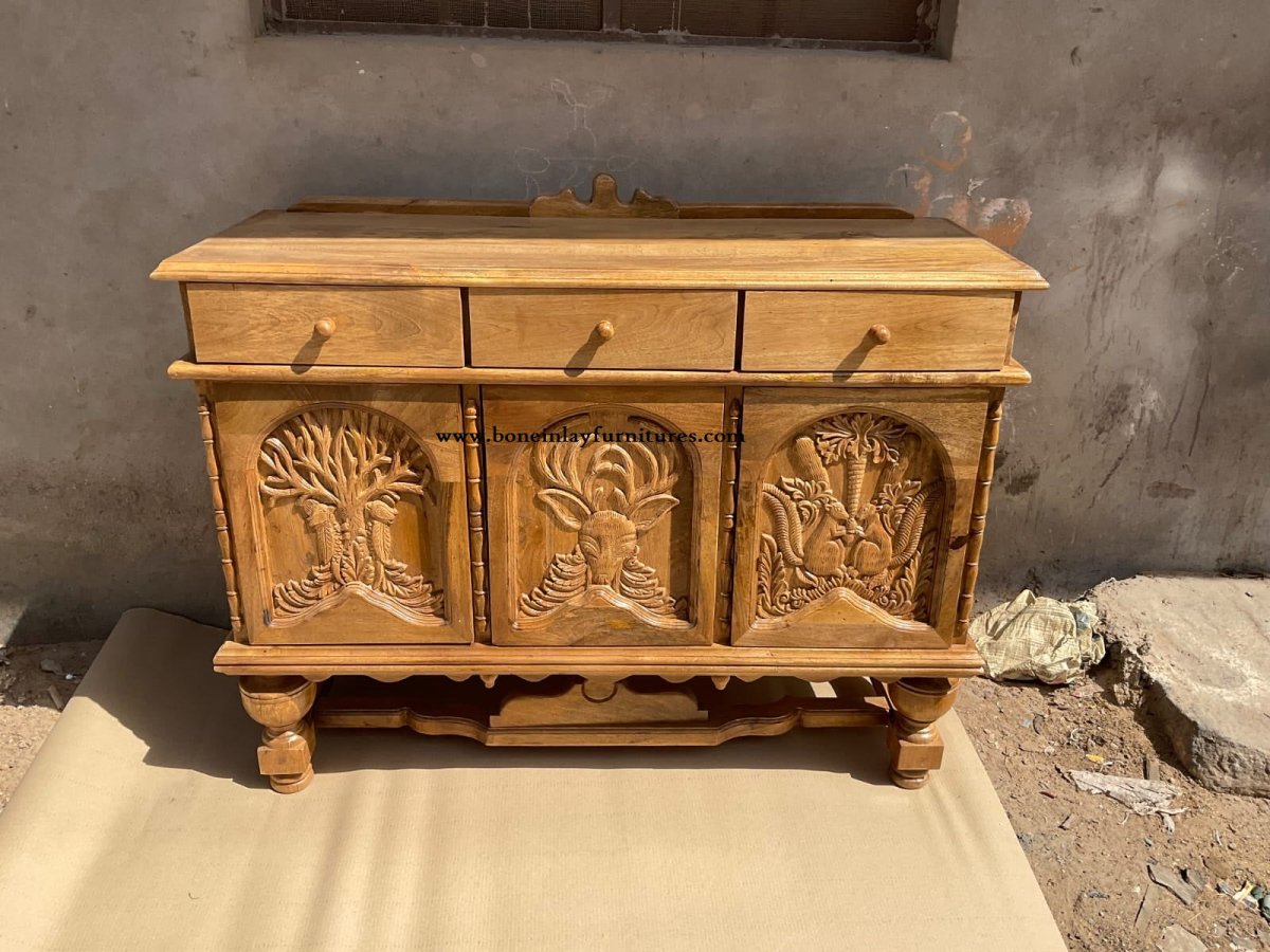 Hand Carved Exclusive Menagerie Buffet Table in Natural Color | Animal Hand Carved Sideboard for Dining Room & Living Room Decor | Solid Wood Storage Cabinet for Home & Office
