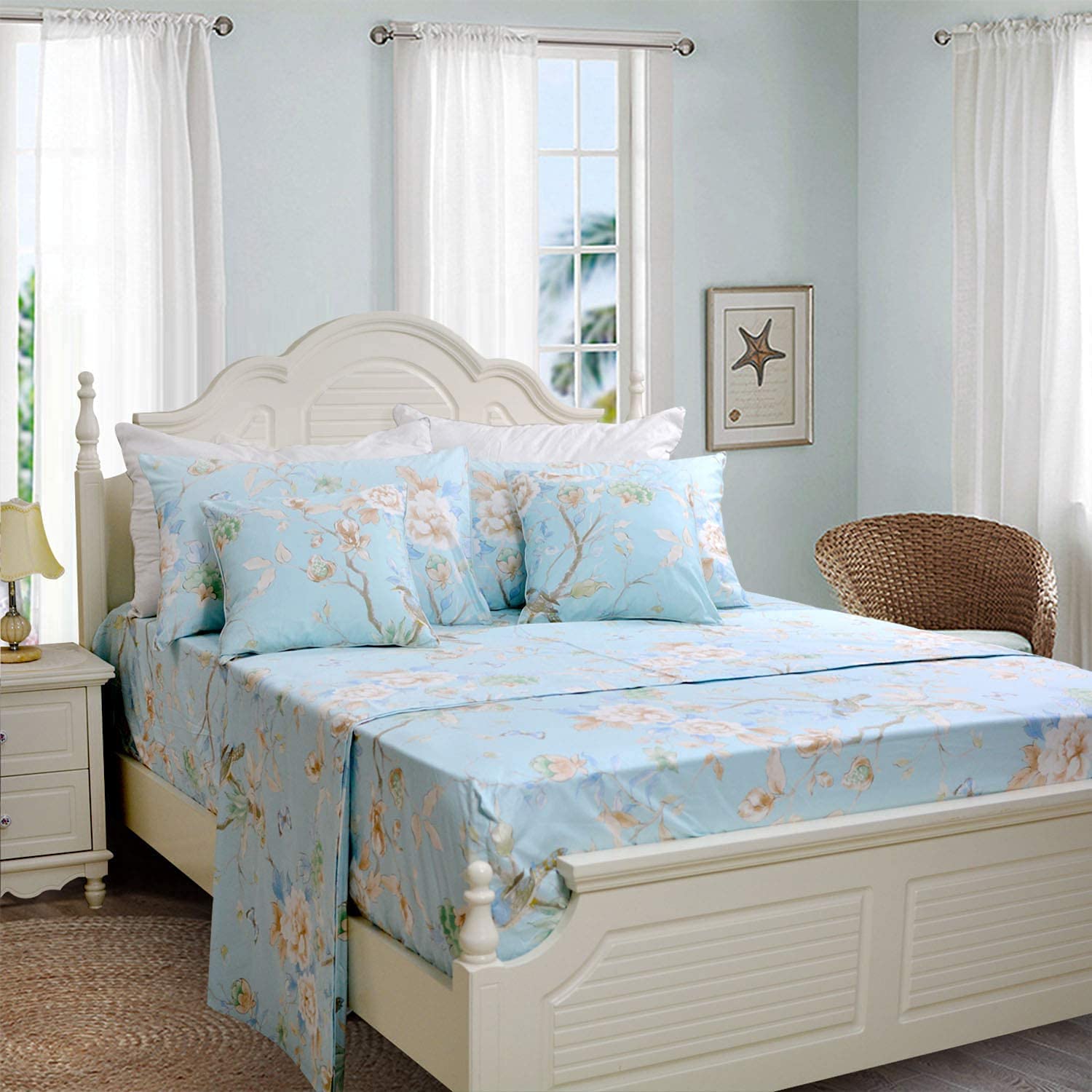 Luxury 800 Thread Count 100% Egyptian Cotton Floral Bedding Sheet Set - King Size 4-Piece with Deep Pocket, Butterfly & Bird Print Blue Design - Perfect for Master Bedroom, Guest Room & Hotel Decor