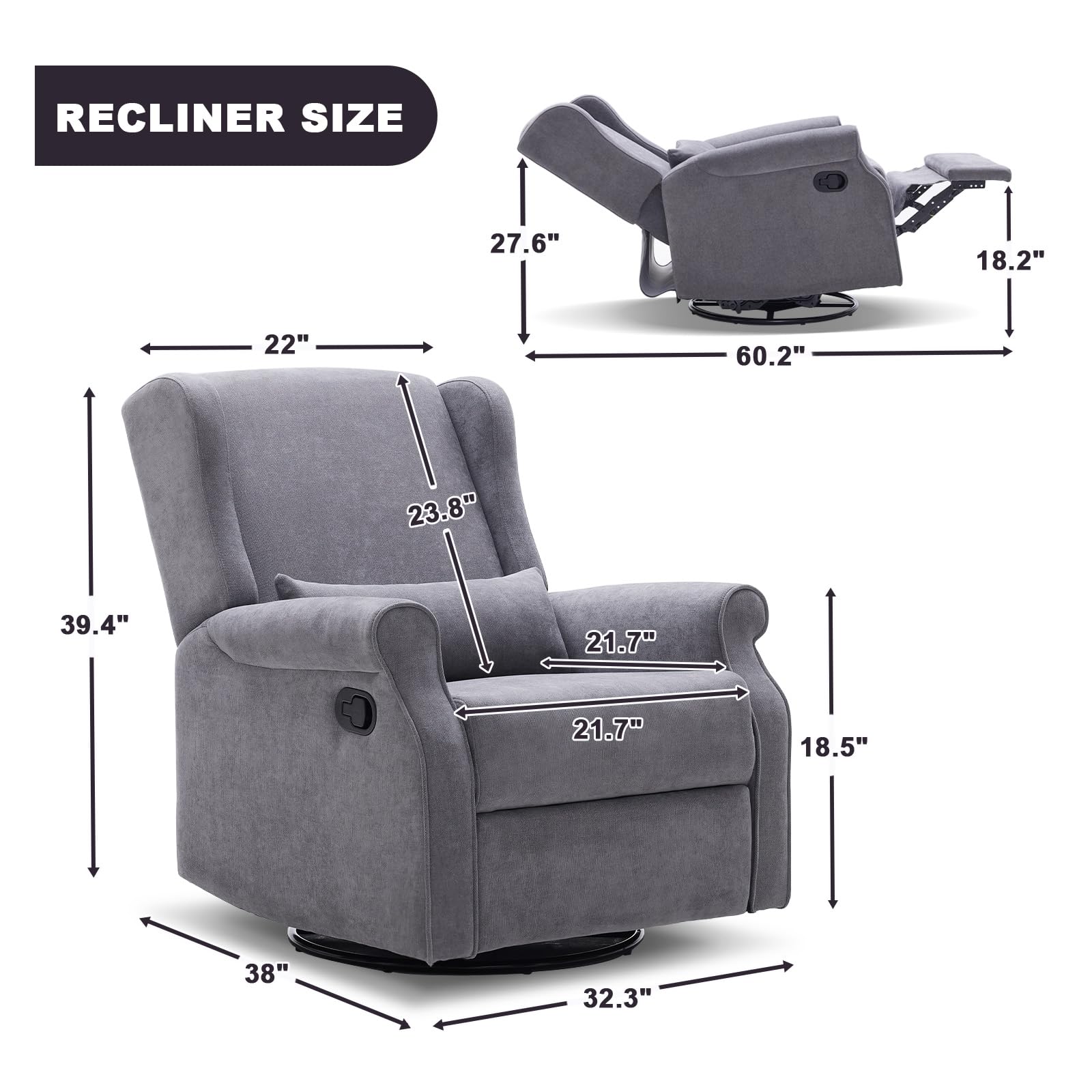 360° Swivel Nursery Glider Chair with Footrest - Manual Reclining Rocking Chair for Nursing Mothers, Baby Room & Living Room - Comfortable Grey Upholstered Glider for Breastfeeding, Relaxation & Nursery Decor