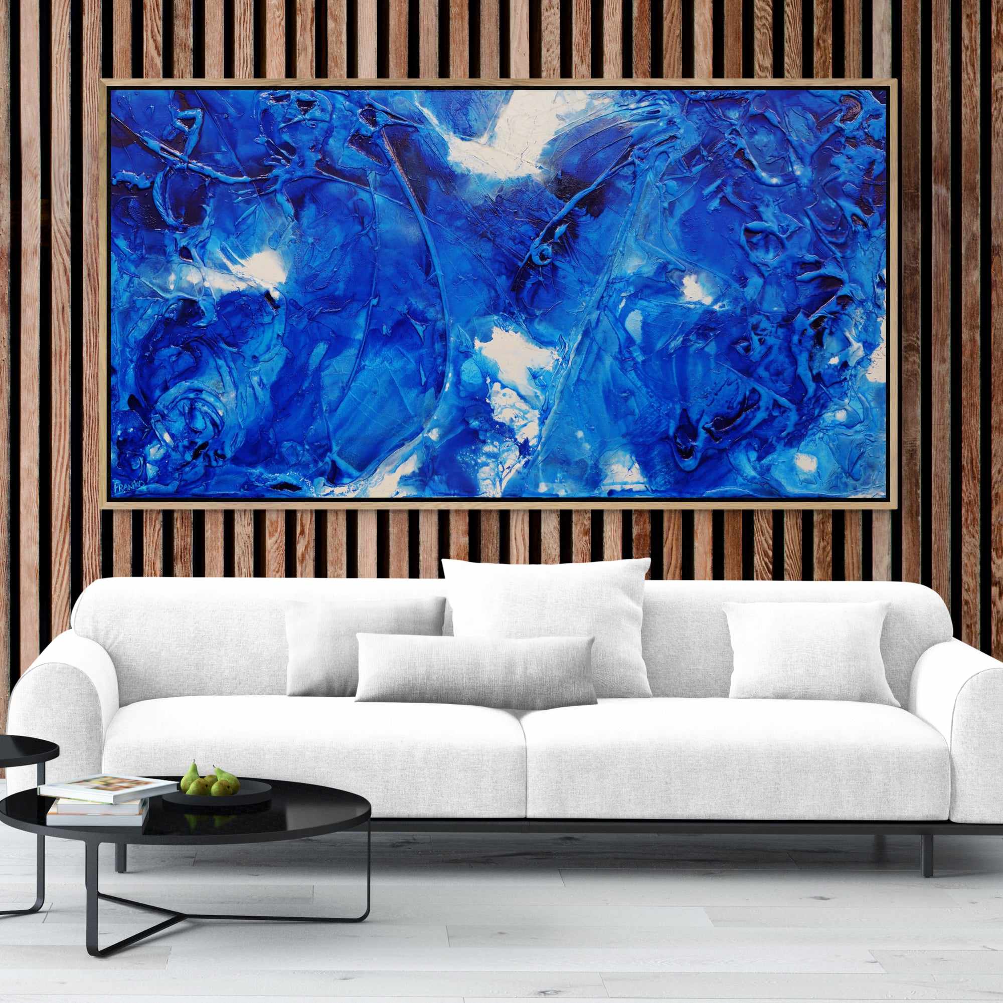 Blue Ink Textured Abstract Painting - 190cm x 100cm Sapphire Wash Canvas Wall Art for Living Room, Bedroom & Office Decor | Modern Large Artwork