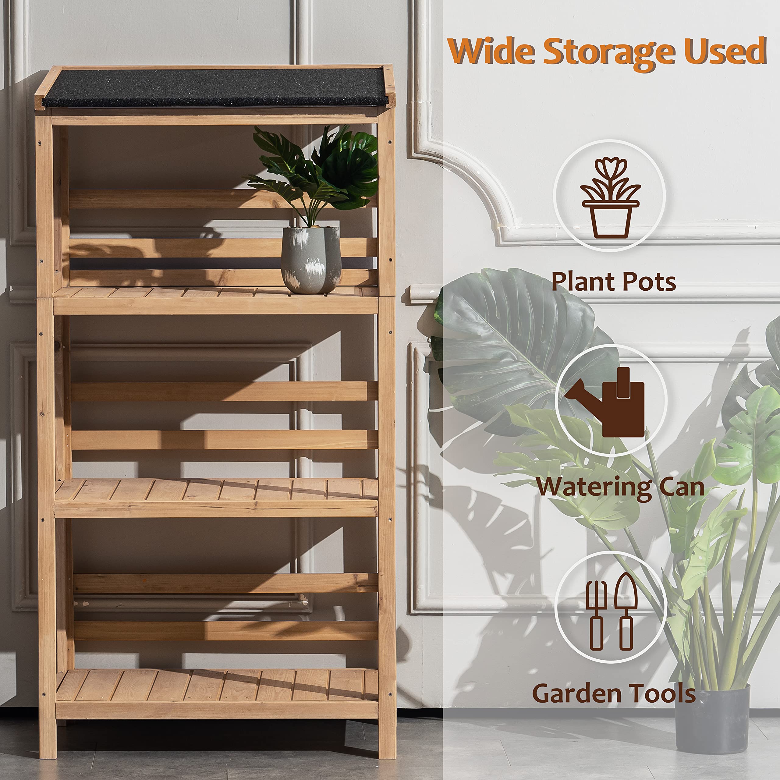 MCombo 3-Tier Large Capacity Outdoor Storage Shelves with Waterproof Roof - Heavy Duty Wooden Plant Stand for Garden, Patio, Balcony & Deck - Perfect for Organizing Tools, Pots & Gardening Supplies (1666)