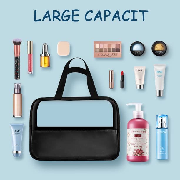 Waterproof Clear PVC & Candy Color Patchwork Zippered Tote Bag - Portable Travel Cosmetic Bag for Bathroom Essentials, Gym & Beach (Black) | Ameedarshan Healthy Choice