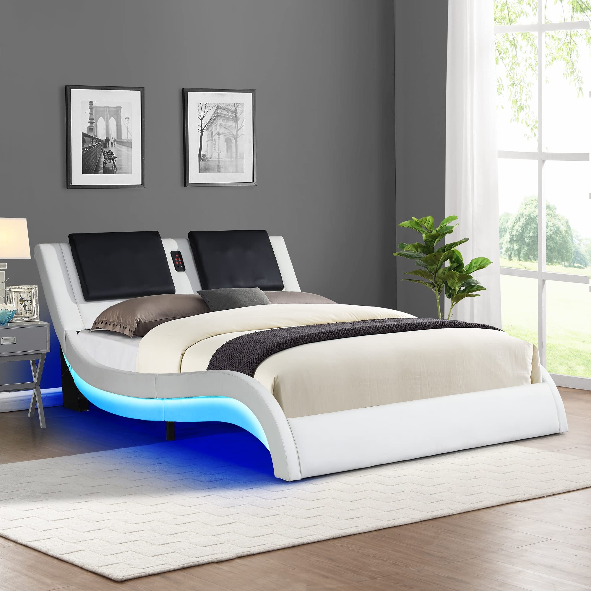 Queen Size LED Bed Frame with Bluetooth Music & RGB Lighting - Faux Leather Upholstered Platform Bed with Vibration Massage Backrest (White) | Modern Bedroom Decor for Relaxation & Entertainment