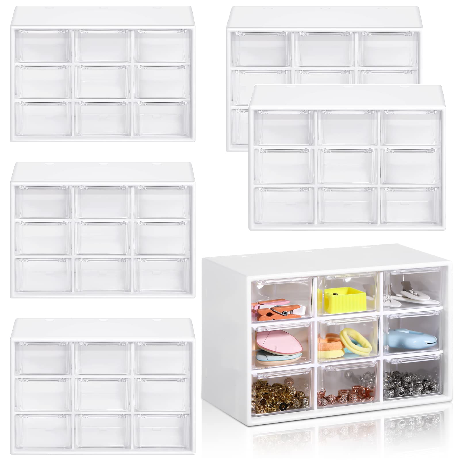 Amyhill 6-Piece Mini Drawer Organizer Set - 9-Drawer Plastic Desktop Storage Box for Office, Home, Jewelry, Cosmetics & Craft Supplies (White) | Perfect for Desk Organization, Makeup Storage & Small Item Collection