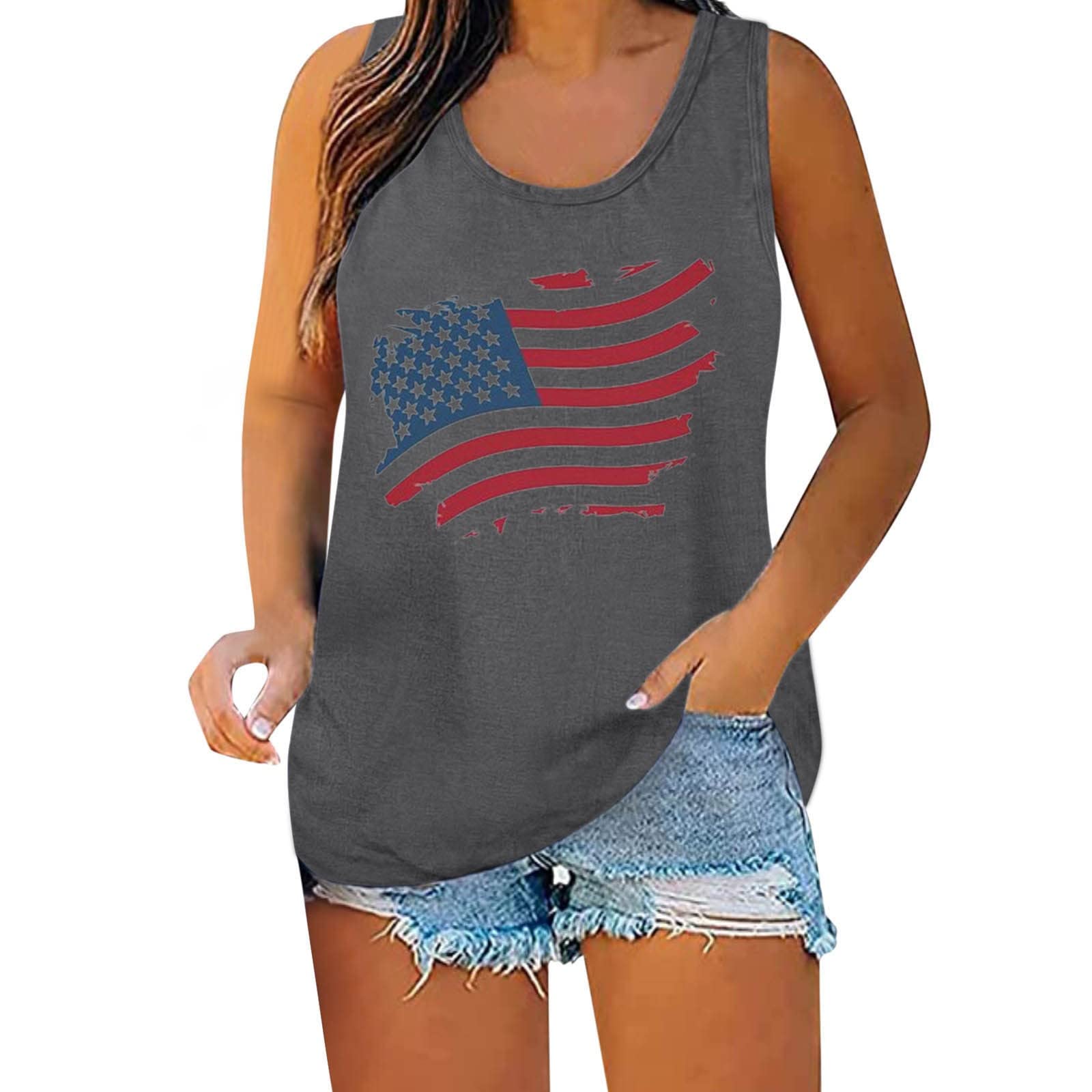 Women's Independence Day Print Tank Top - Summer Casual Sleeveless Muscle Shirt - Black Athletic Undershirt for Workouts & Patriotic Outfits