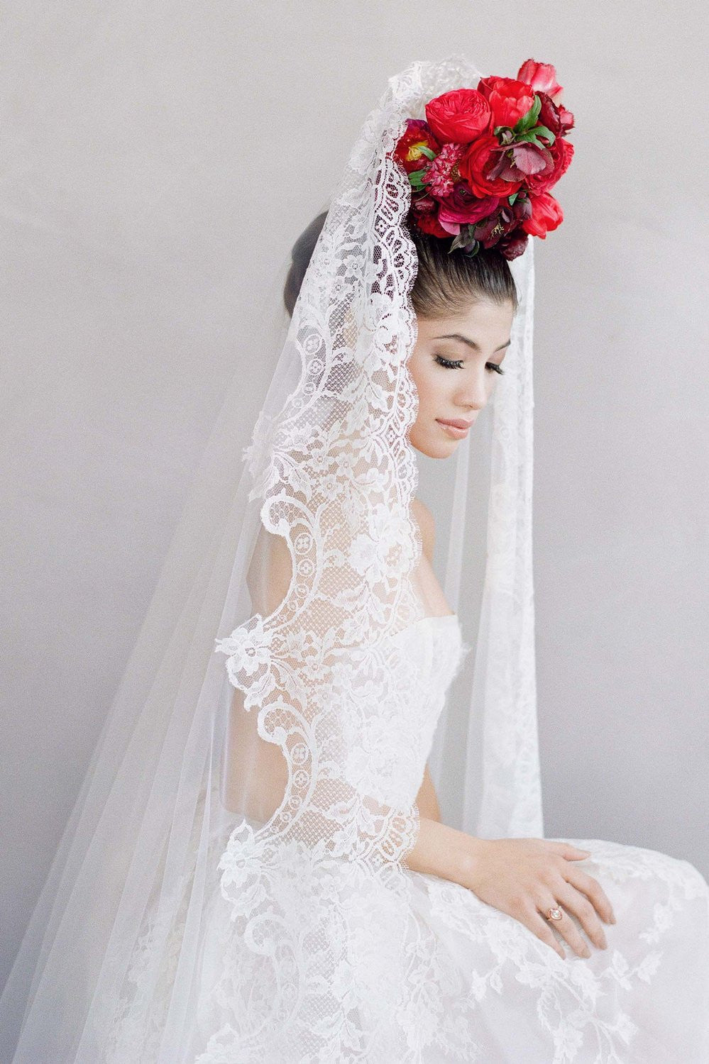 Ivory Madrid French Lace Mantilla Veil - Elegant Bridal Headpiece for Weddings, Church Ceremonies & Special Occasions