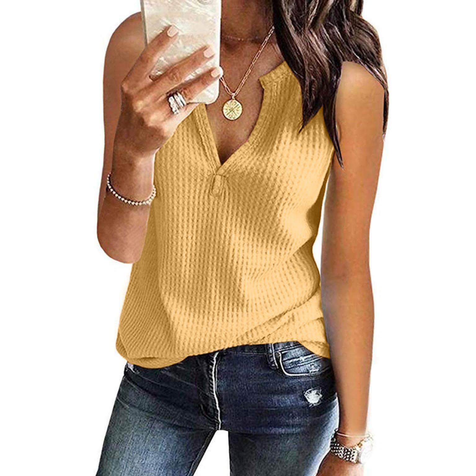 Women's Summer Waffle Knit Short Sleeve Tunic Top - Casual V-Neck Henley Blouse - Plus Size Loose Fit Shirt for Beach, Vacation & Everyday Wear