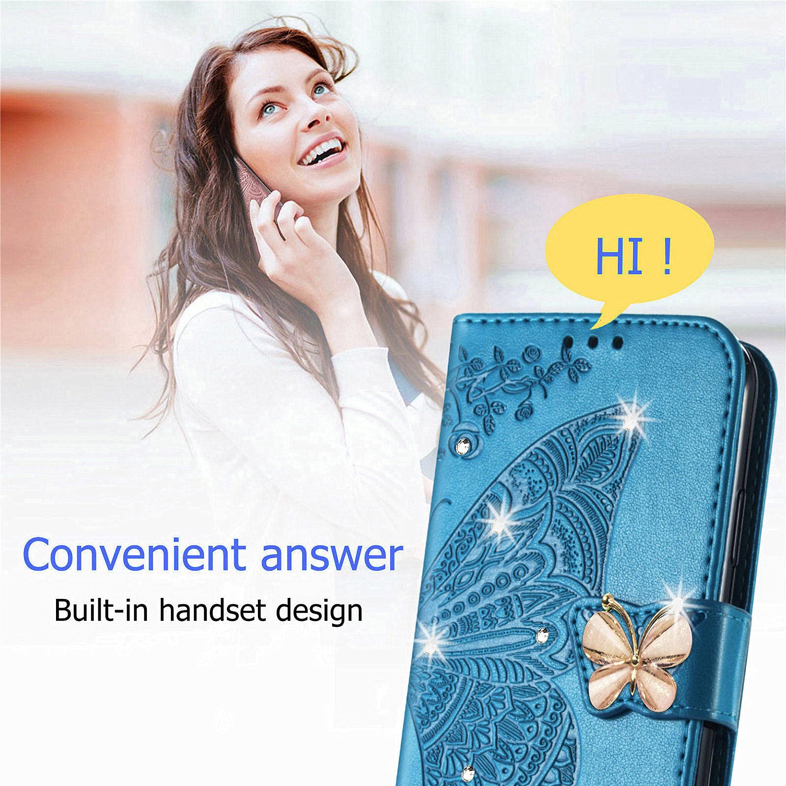 Butterfly Pattern PU Leather Wallet Case for iPhone 13 Pro Max - Magnetic Clasp & Card Holder Cover with Rhinestones (Blue) | Perfect for Everyday Use, Travel, and Secure Storage of Cards & Cash