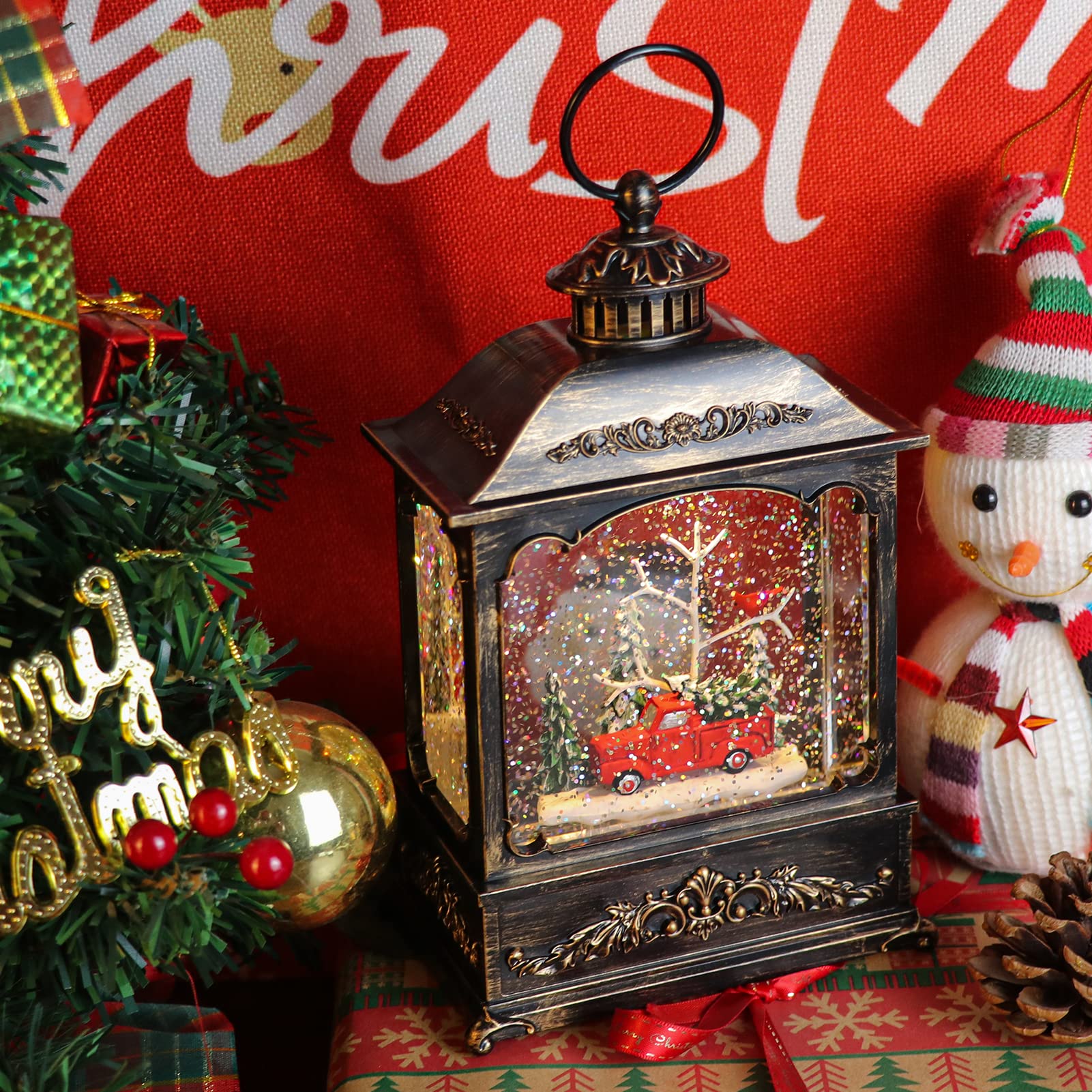 GenSwin Christmas Car Snow Globe Lantern - Battery Operated Water Swirling Glitter with 6H Timer, Musical LED Lighted Scene - Perfect Holiday Home Decor & Gift for Christmas, Parties, and Winter Celebrations