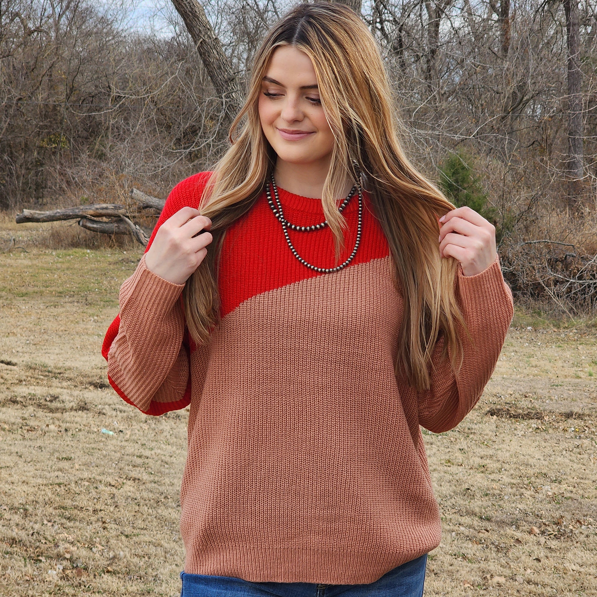 Andree Women's Red & Tan Sweater - Soft Knit Pullover for Fall & Winter - Cozy Casual Wear for Work, Dates & Holiday Outfits