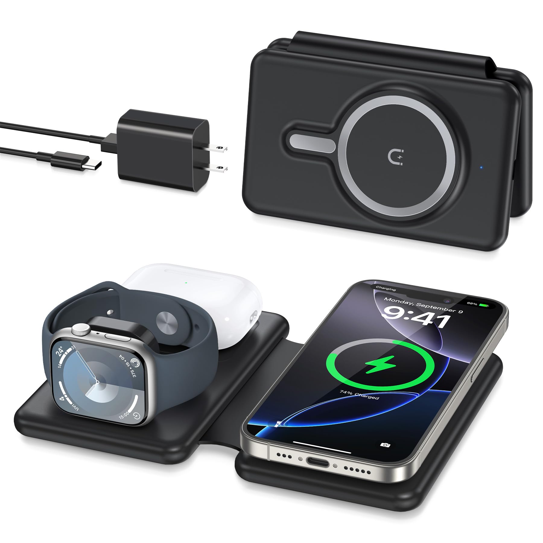 3-in-1 Magnetic Wireless Charging Station for iPhone 16/15/14/13/12 Pro Max Plus, Apple Watch Series & AirPods - Foldable Fast Charger Pad for Multiple Apple Devices - Perfect for Home, Office & Travel Use
