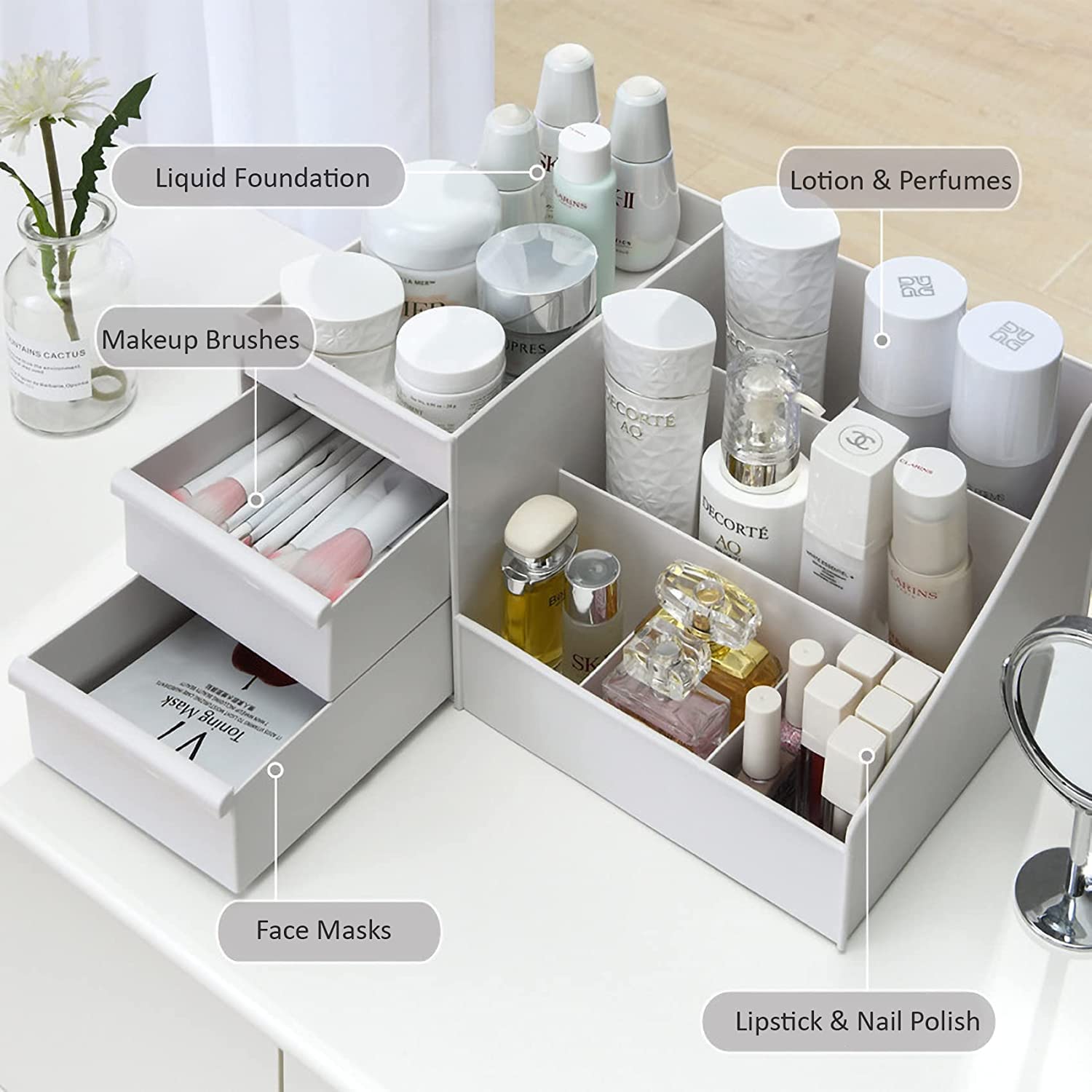 Premium Makeup Organizer with Drawers - White Cosmetic & Jewelry Storage for Vanity, Brushes, Lipstick, Eyeshadow | Countertop Desk Organizer for Bathroom, Bedroom & Dressing Table (White)
