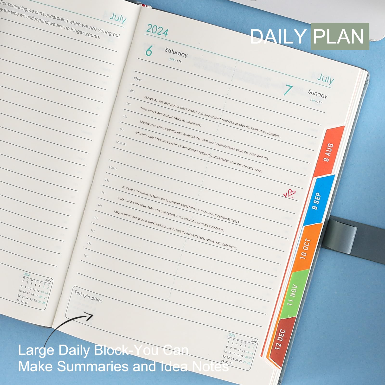 2024-2025 Daily Planner with Hourly Schedule - July 2024 to June 2025 Academic Year Diary, Colorful Monthly Tabs, Includes Pen, Stickers & Bookmarks - Sky Blue | Perfect for Students, Professionals & Productivity Tracking
