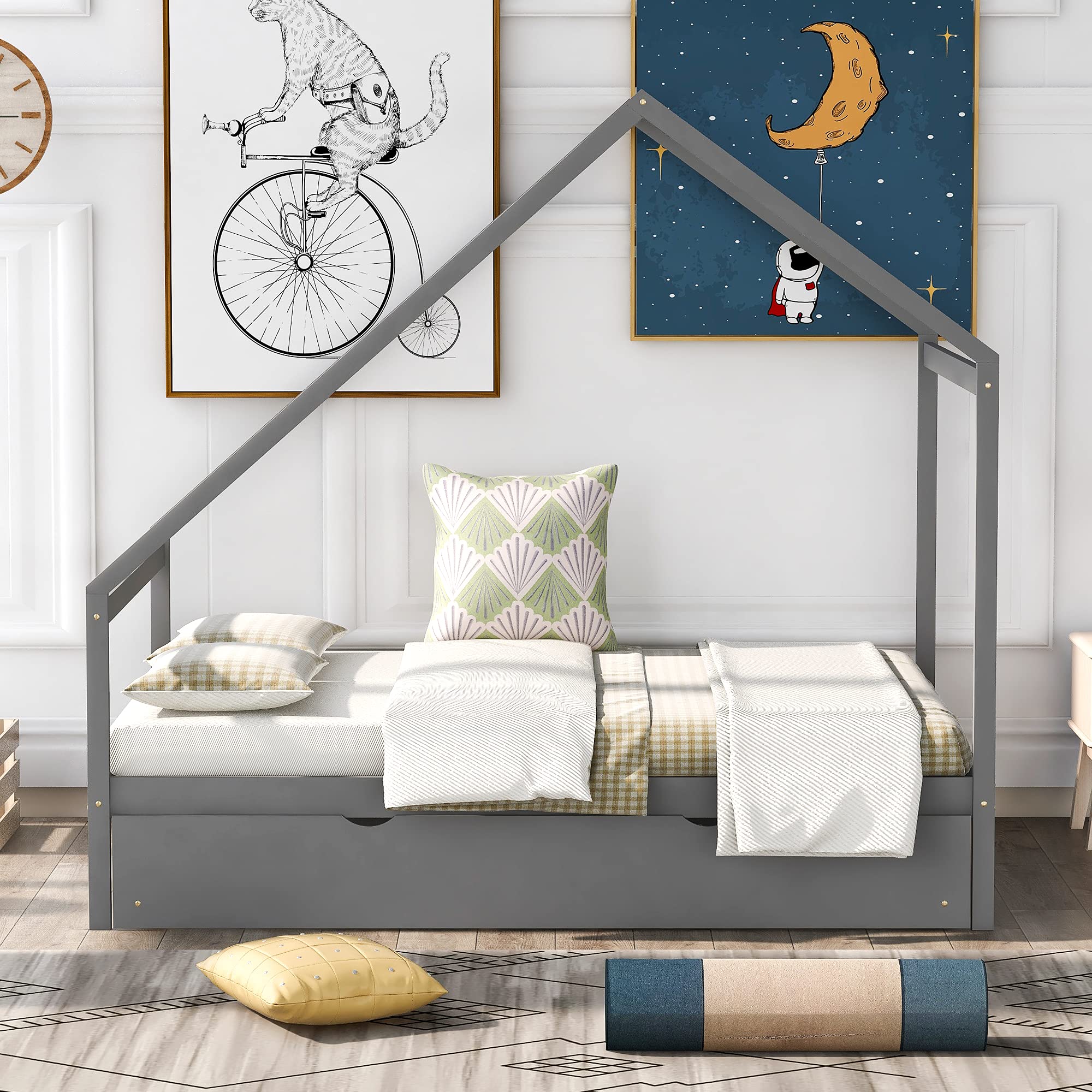 **Full Size Wooden House Bed with Twin Trundle - Solid Wood Platform Bed Frame with Roof for Kids, Teens & Toddlers - Gray - Perfect for Nursery, Playroom & Kids' Bedroom Decor**