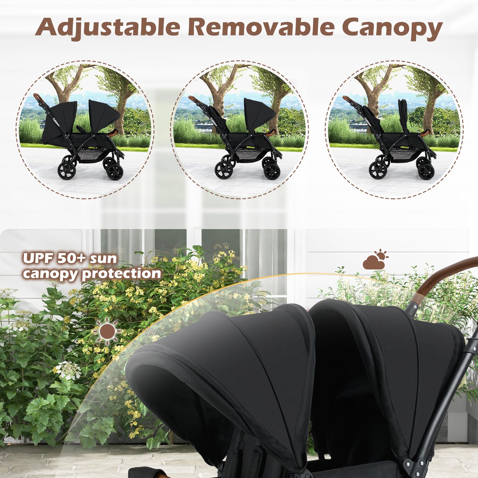 INFANS Double Stroller - Foldable Tandem Baby Stroller with Adjustable Backrest, Canopy & Footrest | 5-Point Safety Harness, Large Storage Basket | Compact Convertible Twin Stroller for Infants & Toddlers | Perfect for Shopping, Travel & Outdoor Walks