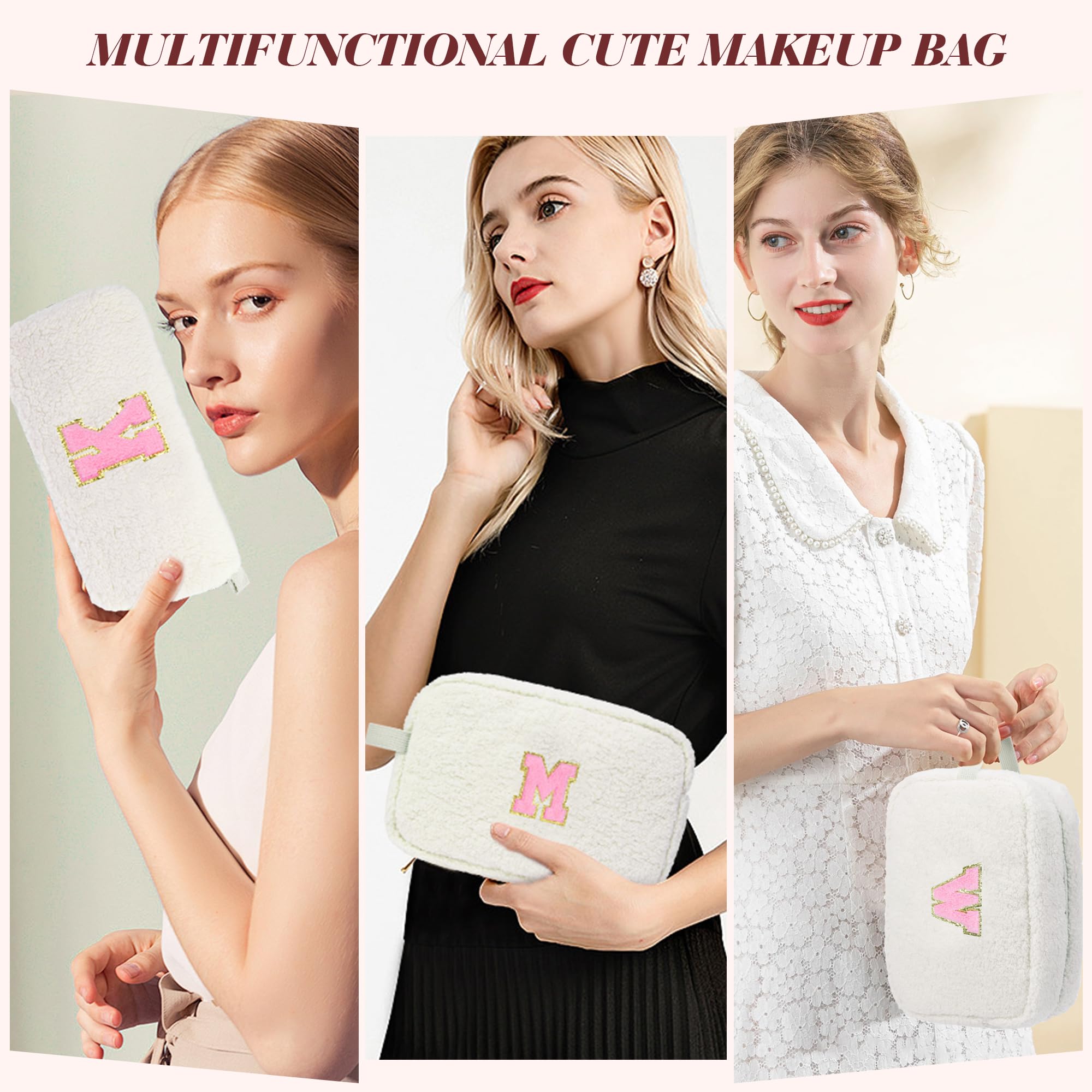 Personalized Monogrammed Makeup Bag for Women & Teens - Cute Travel Cosmetic Pouch for Girlfriend, Sister, Daughter - Trendy Preppy Toiletry Bag Gift (White) - Perfect for Travel, School & Daily Essentials Organization