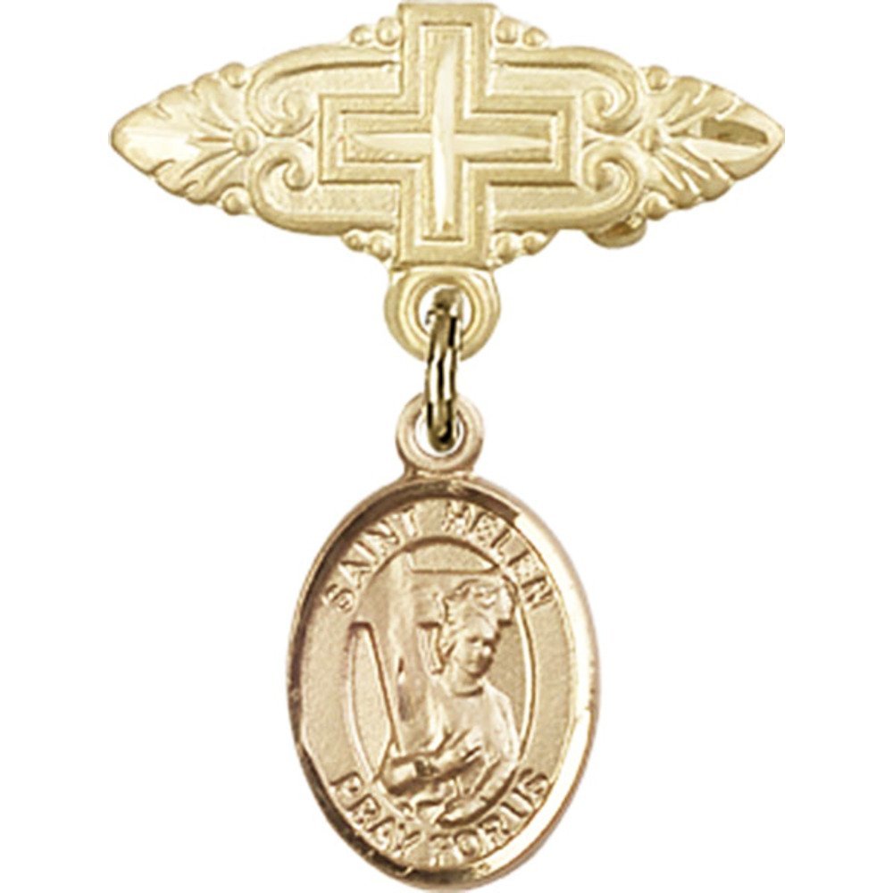 Gold Filled Baby Badge with St. Helen Charm & Cross Pin - 1 X 3/4 Inch Religious Jewelry - Perfect for Baptism, Christening & First Communion Gifts